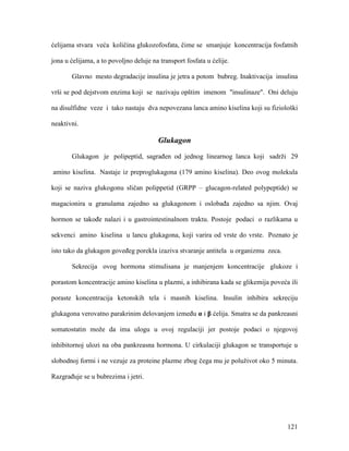 121
ćelijama stvara veća količina glukozofosfata, čime se smanjuje koncentracija fosfatnih
jona u ćelijama, a to povoljno deluje na transport fosfata u ćelije.
Glavno mesto degradacije insulina je jetra a potom bubreg. Inaktivacija insulina
vrši se pod dejstvom enzima koji se nazivaju opštim imenom "insulinaze". Oni deluju
na disulfidne veze i tako nastaju dva nepovezana lanca amino kiselina koji su fiziološki
neaktivni.
Glukagon
Glukagon je polipeptid, sagrađen od jednog linearnog lanca koji sadrži 29
amino kiselina. Nastaje iz preproglukagona (179 amino kiselina). Deo ovog molekula
koji se naziva glukogonu sličan polippetid (GRPP – glucagon-related polypeptide) se
magacionira u granulama zajedno sa glukagonom i oslobađa zajedno sa njim. Ovaj
hormon se takođe nalazi i u gastrointestinalnom traktu. Postoje podaci o razlikama u
sekvenci amino kiselina u lancu glukagona, koji varira od vrste do vrste. Poznato je
isto tako da glukagon goveđeg porekla izaziva stvaranje antitela u organizmu zeca.
Sekrecija ovog hormona stimulisana je manjenjem koncentracije glukoze i
porastom koncentracije amino kiselina u plazmi, a inhibirana kada se glikemija poveća ili
poraste koncentracija ketonskih tela i masnih kiselina. Insulin inhibira sekreciju
glukagona verovatno parakrinim delovanjem između α i β ćelija. Smatra se da pankreasni
somatostatin može da ima ulogu u ovoj regulaciji jer postoje podaci o njegovoj
inhibitornoj ulozi na oba pankreasna hormona. U cirkulaciji glukagon se transportuje u
slobodnoj formi i ne vezuje za proteine plazme zbog čega mu je poluživot oko 5 minuta.
Razgrađuje se u bubrezima i jetri.
 