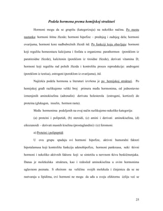 25
Podela hormona prema hemijskoj strukturi
Hormoni mogu da se grupišu (kategorizuju) na nekoliko načina. Po mestu
nastanka: hormoni štitne žlezde; hormoni hipofize – prednjeg i zadnjeg dela; hormoni
ovarijuma, hormoni kore nadbubrežnih žlezdi itd. Po funkciji koju obavljaju: hormoni
koji regulišu homeostazu kalcijuma i fosfata u organizmu: parathormon (poreklom iz
paratiroidne žlezde), kalcitonin (poreklom iz tiroidne žlezde), derivati vitamina D;
hormoni koji regulišu rad polnih žlezda i kontrolišu proces reprodukcije: androgeni
(poreklom iz testisa), estrogeni (poreklom iz ovarijuma), itd.
Najčešća podela hormona u literaturi izvršena je po hemijskoj strukturi. Po
hemijskoj građi razlikujemo veliki broj primera među hormonima, od jednostavno
izmenjenih aminokiselina (adrenalin) derivata holesterola (estrogeni, kortizol) do
proteina (glukagon, insulin, hormon rasta).
Među hormonima podeljenih na ovaj način razlikujemo nekoliko kategorija:
(a) proteini i polipetidi, (b) steroidi, (c) amini i derivati aminokiselina, (d)
eikozanoidi – derivati masnih kiselina (prostaglandini) i (e) feromoni.
a) Proteini i polipeptidi
U ovu grupu spadaju svi hormoni hipofize, aktivni humoralni faktori
hipotalamusa koji kontrolišu funkciju adenohipofize, hormoni pankreasa, neki tkivni
hormoni i nekoliko aktivnih faktora koji se sintetišu u nervnom tkivu beskičmenjaka.
Danas je molekulska struktura, kao i redosled aminokiselina u ovim hormonima
uglavnom poznata. S obzirom na veličinu svojih molekula i činjenicu da se ne
rastvaraju u lipidima, ovi hormoni ne mogu da uđu u svoju efektornu ćeliju već se
 