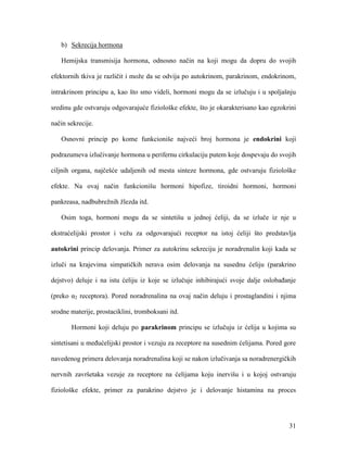 31
b) Sekrecija hormona
Hemijska transmisija hormona, odnosno način na koji mogu da dopru do svojih
efektornih tkiva je različit i može da se odvija po autokrinom, parakrinom, endokrinom,
intrakrinom principu a, kao što smo videli, hormoni mogu da se izlučuju i u spoljašnju
sredinu gde ostvaruju odgovarajuće fiziološke efekte, što je okarakterisano kao egzokrini
način sekrecije.
Osnovni princip po kome funkcioniše najveći broj hormona je endokrini koji
podrazumeva izlučivanje hormona u perifernu cirkulaciju putem koje dospevaju do svojih
ciljnih organa, najčešće udaljenih od mesta sinteze hormona, gde ostvaruju fiziološke
efekte. Na ovaj način funkcionišu hormoni hipofize, tiroidni hormoni, hormoni
pankreasa, nadbubrežnih žlezda itd.
Osim toga, hormoni mogu da se sintetišu u jednoj ćeliji, da se izluče iz nje u
ekstraćelijski prostor i vežu za odgovarajući receptor na istoj ćeliji što predstavlja
autokrini princip delovanja. Primer za autokrinu sekreciju je noradrenalin koji kada se
izluči na krajevima simpatičkih nerava osim delovanja na susednu ćeliju (parakrino
dejstvo) deluje i na istu ćeliju iz koje se izlučuje inhibirajući svoje dalje oslobađanje
(preko α2 receptora). Pored noradrenalina na ovaj način deluju i prostaglandini i njima
srodne materije, prostaciklini, tromboksani itd.
Hormoni koji deluju po parakrinom principu se izlučuju iz ćelija u kojima su
sintetisani u međućelijski prostor i vezuju za receptore na susednim ćelijama. Pored gore
navedenog primera delovanja noradrenalina koji se nakon izlučivanja sa noradrenergičkih
nervnih završetaka vezuje za receptore na ćelijama koju inervišu i u kojoj ostvaruju
fiziološke efekte, primer za parakrino dejstvo je i delovanje histamina na proces
 
