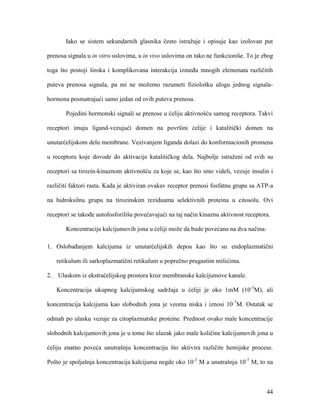 44
Iako se sistem sekundarnih glasnika često istražuje i opisuje kao izolovan put
prenosa signala u in vitro uslovima, u in vivo uslovima on tako ne funkcioniše. To je zbog
toga što postoji široka i komplikovana interakcija između mnogih elemenata različitih
puteva prenosa signala, pa mi ne možemo razumeti fiziološku ulogu jednog signala-
hormona posmatrajući samo jedan od ovih puteva prenosa.
Pojedini hormonski signali se prenose u ćeliju aktivnošću samog receptora. Takvi
receptori imaju ligand-vezujući domen na površini ćelije i katalitički domen na
unutarćelijskom delu membrane. Vezivanjem liganda dolazi do konformacionih promena
u receptoru koje dovode do aktivacije katalitičkog dela. Najbolje istraženi od svih su
receptori sa tirozin-kinaznom aktivnošću za koje se, kao što smo videli, vezuje insulin i
različiti faktori rasta. Kada je aktiviran ovakav receptor prenosi fosfatnu grupu sa ATP-a
na hidroksilnu grupu na tirozinskim reziduama selektivnih proteina u citosolu. Ovi
receptori se takođe autofosforilišu povećavajući na taj način kinaznu aktivnost receptora.
Koncentracija kalcijumovih jona u ćeliji može da bude povećana na dva načina:
1. Oslobađanjem kalcijuma iz unutarćelijskih depoa kao što su endoplazmatični
retikulum ili sarkoplazmatični retikulum u poprečno prugastim mišićima.
2. Ulaskom iz ekstraćelijskog prostora kroz membranske kalcijumove kanale.
Koncentracija ukupnog kalcijumskog sadržaja u ćeliji je oko 1mM (10-3
M), ali
koncentracija kalcijuma kao slobodnih jona je veoma niska i iznosi 10-7
M. Ostatak se
odmah po ulasku vezuje za citoplazmatske proteine. Prednost ovako male koncentracije
slobodnih kalcijumovih jona je u tome što ulazak jako male količine kalcijumovih jona u
ćeliju znatno poveća unutrašnju koncentraciju što aktivira različite hemijske procese.
Pošto je spoljašnja koncentracija kalcijuma negde oko 10-3
M a unutrašnja 10-7
M, to na
 