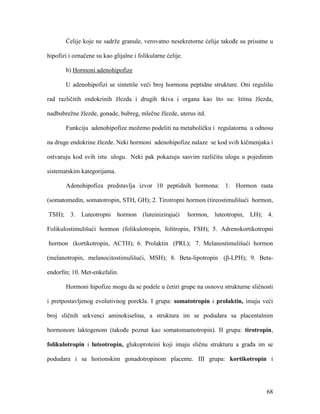 68
Ćelije koje ne sadrže granule, verovatno nesekretorne ćelije takođe su prisutne u
hipofizi i označene su kao glijalne i folikularne ćelije.
b) Hormoni adenohipofize
U adenohipofizi se sintetiše veći broj hormona peptidne strukture. Oni regulišu
rad različitih endokrinih žlezda i drugih tkiva i organa kao što su: štitna žlezda,
nadbubrežne žlezde, gonade, bubreg, mlečne žlezde, uterus itd.
Funkciju adenohipofize možemo podeliti na metaboličku i regulatornu u odnosu
na druge endokrine žlezde. Neki hormoni adenohipofize nalaze se kod svih kičmenjaka i
ostvaruju kod svih istu ulogu. Neki pak pokazuju sasvim različitu ulogu u pojedinim
sistematskim kategorijama.
Adenohipofiza predstavlja izvor 10 peptidnih hormona: 1. Hormon rasta
(somatomedin, somatotropin, STH, GH); 2. Tirotropni hormon (tireostimulišući hormon,
TSH); 3. Luteotropni hormon (luteinizirajući hormon, luteotropin, LH); 4.
Folikulostimulišući hormon (folikulotropin, folitropin, FSH); 5. Adrenokortikotropni
hormon (kortikotropin, ACTH); 6. Prolaktin (PRL); 7. Melanostimulišući hormon
(melanotropin, melanocitostimulišući, MSH); 8. Beta-lipotropin (β-LPH); 9. Beta-
endorfin; 10. Met-enkefalin.
Hormoni hipofize mogu da se podele u četiri grupe na osnovu strukturne sličnosti
i pretpostavljenog evolutivnog porekla. I grupa: somatotropin i prolaktin, imaju veći
broj sličnih sekvenci aminokiselina, a struktura im se podudara sa placentalnim
hormonom laktogenom (takođe poznat kao somatomamotropin). II grupa: tirotropin,
folikulotropin i luteotropin, glukoproteini koji imaju sličnu strukturu a građa im se
podudara i sa horionskim gonadotropinom placente. III grupa: kortikotropin i
 