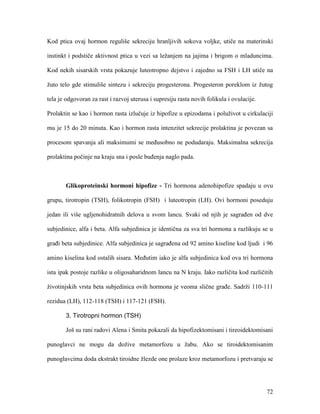 72
Kod ptica ovaj hormon reguliše sekreciju hranljivih sokova voljke, utiče na materinski
instinkt i podstiče aktivnost ptica u vezi sa ležanjem na jajima i brigom o mladuncima.
Kod nekih sisarskih vrsta pokazuje luteotropno dejstvo i zajedno sa FSH i LH utiče na
žuto telo gde stimuliše sintezu i sekreciju progesterona. Progesteron poreklom iz žutog
tela je odgovoran za rast i razvoj uterusa i supresiju rasta novih folikula i ovulacije.
Prolaktin se kao i hormon rasta izlučuje iz hipofize u epizodama i poluživot u cirkulaciji
mu je 15 do 20 minuta. Kao i hormon rasta intenzitet sekrecije prolaktina je povezan sa
procesom spavanja ali maksimumi se međusobno ne podudaraju. Maksimalna sekrecija
prolaktina počinje na kraju sna i posle buđenja naglo pada.
Glikoproteinski hormoni hipofize - Tri hormona adenohipofize spadaju u ovu
grupu, tirotropin (TSH), folikotropin (FSH) i luteotropin (LH). Ovi hormoni poseduju
jedan ili više ugljenohidratnih delova u svom lancu. Svaki od njih je sagrađen od dve
subjedinice, alfa i beta. Alfa subjedinica je identična za sva tri hormona a razlikuju se u
građi beta subjedinice. Alfa subjedinica je sagrađena od 92 amino kiseline kod ljudi i 96
amino kiselina kod ostalih sisara. Međutim iako je alfa subjedinica kod ova tri hormona
ista ipak postoje razlike u oligosaharidnom lancu na N kraju. Iako različita kod različitih
životinjskih vrsta beta subjedinica ovih hormona je veoma slične građe. Sadrži 110-111
rezidua (LH), 112-118 (TSH) i 117-121 (FSH).
3. Tirotropni hormon (TSH)
Još su rani radovi Alena i Smita pokazali da hipofizektomisani i tireoidektomisani
punoglavci ne mogu da dožive metamorfozu u žabu. Ako se tiroidektomisanim
punoglavcima doda ekstrakt tiroidne žlezde one prolaze kroz metamorfozu i pretvaraju se
 