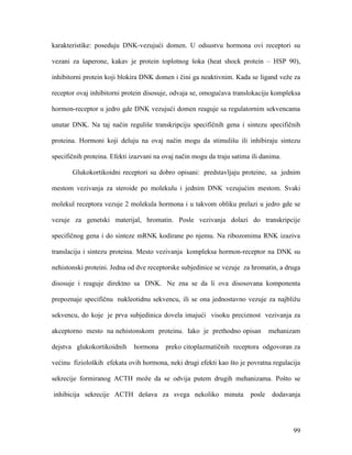 99
karakteristike: poseduju DNK-vezujući domen. U odsustvu hormona ovi receptori su
vezani za šaperone, kakav je protein toplotnog šoka (heat shock protein – HSP 90),
inhibitorni protein koji blokira DNK domen i čini ga neaktivnim. Kada se ligand veže za
receptor ovaj inhibitorni protein disosuje, odvaja se, omogućava translokaciju kompleksa
hormon-receptor u jedro gde DNK vezujući domen reaguje sa regulatornim sekvencama
unutar DNK. Na taj način reguliše transkripciju specifičnih gena i sintezu specifičnih
proteina. Hormoni koji deluju na ovaj način mogu da stimulišu ili inhibiraju sintezu
specifičnih proteina. Efekti izazvani na ovaj način mogu da traju satima ili danima.
Glukokortikoidni receptori su dobro opisani: predstavljaju proteine, sa jednim
mestom vezivanja za steroide po molekulu i jednim DNK vezujućim mestom. Svaki
molekul receptora vezuje 2 molekula hormona i u takvom obliku prelazi u jedro gde se
vezuje za genetski materijal, hromatin. Posle vezivanja dolazi do transkripcije
specifičnog gena i do sinteze mRNK kodirane po njemu. Na ribozomima RNK izaziva
translaciju i sintezu proteina. Mesto vezivanja kompleksa hormon-receptor na DNK su
nehistonski proteini. Jedna od dve receptorske subjedinice se vezuje za hromatin, a druga
disosuje i reaguje direktno sa DNK. Ne zna se da li ova disosovana komponenta
prepoznaje specifičnu nukleotidnu sekvencu, ili se ona jednostavno vezuje za najbližu
sekvencu, do koje je prva subjedinica dovela imajući visoku preciznost vezivanja za
akceptorno mesto na nehistonskom proteinu. Iako je prethodno opisan mehanizam
dejstva glukokortikoidnih hormona preko citoplazmatičnih receptora odgovoran za
većinu fizioloških efekata ovih hormona, neki drugi efekti kao što je povratna regulacija
sekrecije formiranog ACTH može da se odvija putem drugih mehanizama. Pošto se
inhibicija sekrecije ACTH dešava za svega nekoliko minuta posle dodavanja
 