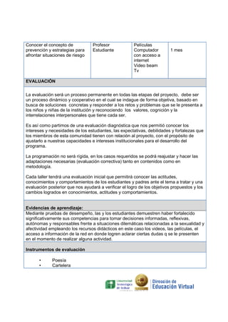 Conocer el concepto de
prevención y estrategias para
afrontar situaciones de riesgo

Profesor
Estudiante

Películas
Computador
con acceso a
internet
Video beam
Tv

1 mes

EVALUACIÓN
La evaluación será un proceso permanente en todas las etapas del proyecto, debe ser
un proceso dinámico y cooperativo en el cual se indague de forma objetiva, basado en
busca de soluciones concretas y responder a los retos y problemas que se le presenta a
los niños y niñas de la institución y reconociendo los valores, cognición y la
interrelaciones interpersonales que tiene cada ser.
Es así como partimos de una evaluación diagnóstica que nos permitió conocer los
intereses y necesidades de los estudiantes, las expectativas, debilidades y fortalezas que
estudiantes,
los miembros de esta comunidad tienen con relación al proyecto, con el propósito de
ajustarlo a nuestras capacidades e intereses institucionales para el desarrollo del
programa.
La programación no será rígida, en los casos requeridos se podrá reajustar y hacer las
ígida,
adaptaciones necesarias (evaluación correctiva) tanto en contenidos como en
metodología.
Cada taller tendrá una evaluación inicial que permitirá conocer las actitudes,
conocimientos y comportamientos de los estudiantes y padres ante el tema a tratar y una
comportamientos
evaluación posterior que nos ayudará a verificar el logro de los objetivos propuestos y los
cambios logrados en conocimientos, actitudes y comportamientos.

Evidencias de aprendizaje:
Mediante pruebas de desempeño, las y los estudiantes demuestren haber fortalecido
significativamente sus competencias para tomar decisiones informadas, reflexivas,
autónomas y responsables frente a situaciones dilemáticas relacionadas a la sexualidad y
afectividad empleando los recursos didácticos en este caso los videos, las películas, el
ctividad
acceso a información de la red en donde logren aclarar ciertas dudas q se le presenten
en el momento de realizar alguna actividad
actividad.
Instrumentos de evaluación
•
•

Poesía
Cartelera

 