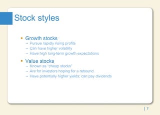 Stock styles Growth stocks Pursue rapidly rising profits Can have higher volatility Have high long-term growth expectations Value stocks Known as “cheap stocks”  Are for investors hoping for a rebound Have potentially higher yields; can pay dividends 