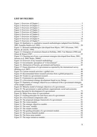 X
LIST OF FIGURES
Figure 1: Overview of Chapter 1 ........................................................................................ 5
Figure 2: Overview of Chapter 2 ........................................................................................ 6
Figure 3: Overview of Chapter 3 ........................................................................................ 6
Figure 4: Overview of Chapter 4 ........................................................................................ 7
Figure 5: Overview of Chapter 5 ........................................................................................ 8
Figure 6: Overview of Chapter 6 ........................................................................................ 9
Figure 7: Overview of Chapter 7 ........................................................................................ 9
Figure 8: Overview of Chapter 8 ...................................................................................... 10
Figure 9: Overview of Chapter 9 ...................................................................................... 11
Figure 10: Qualitative vs. qualitative research methodologies (adapted from Holliday,
2002, Easterby-Smith et al, 1992)..................................................................................... 20
Figure 11: Research methodologies (developed from Myers, 1997; Silverman, 1993;
Denzin, & Lincoln, 1994)................................................................................................. 21
Figure 12: Emergence of constructs (based on Holliday, 2002; Van Mannen (1988) and
Glaser & Strauss (1967 ..................................................................................................... 22
Figure 13: Churning out of new e-government strategies (developed from Stone, 2001;
Janssen et al, 2004; Heeks, 2006b)................................................................................... 23
Figure 14: Overview of my research methodology .......................................................... 24
Figure 15: Governments’ perception of “e-Government” ................................................ 43
Figure 16: Abstraction of Society, government and business........................................... 45
Figure 17: Future directions of e-government as reported by the international survey
(Bicking et al, 2007) ......................................................................................................... 46
Figure 18: Current research activities: a global view ....................................................... 48
Figure 19: Recommended future research activities from a global perspective............... 48
Figure 20: Trends in e-government research .................................................................... 49
Figure 21: Extensions to e-government............................................................................ 51
Figure 22: e-Government strategy development based on my finings ............................. 59
Figure 23: Popularity of strategic objectives as evidenced in the e-government strategies
of the sample countries ..................................................................................................... 64
Figure 24: Maturity model of strategic objectives of e-government ................................ 69
Figure 25: The government is under political, organisational, social and economic
pressures that push for development of e-government ..................................................... 75
Figure 26: Major focus areas of e-government................................................................. 80
Figure 27: Guiding principles for each focus area of e-government ................................ 81
Figure 28: e-Government components cube..................................................................... 87
Figure 29: The proposed strategic framework of e-government ...................................... 91
Figure 30: The vision module........................................................................................... 92
Figure 31: The strategic objectives module...................................................................... 93
Figure 32: The users’ module ........................................................................................... 93
Figure 33: The models module ......................................................................................... 94
Figure 34: The guiding principles of e-government module ............................................ 94
Figure 35: The access channels module............................................................................ 94
Figure 36: The focus areas module................................................................................... 95
Figure 37: The major initiatives module........................................................................... 95
 