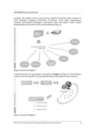 CHAPTER 0: EXECUTIVE SUMMARY
Best-Practice Framework for Developing and Implementing e-Government 6
countries. The chapter reviews some previous research to provide further recounts on
these challenges. Adequate clarification of political, social, legal, organisational,
economic and technical challenges is provided to allow the reader to gain a better
understanding of the context of the research problem (Figure 2).
Figure 2: Overview of Chapter 2
A broad overview of e-government is presented in Chapter 3 (Figure 3). This literature
review covers the perception of e-government and its relationships to other initiatives.
Figure 3: Overview of Chapter 3
New Disciplines in e-
Government
m-Government
g-Government
u-Government
Perception of
e-Government
Global Research
Agenda
The Bigger
Context
LITERATURE
REVIEW
CH.
3
Case
Studies
Discusses Individual
Challenges
Literatur
e
Political
Social
Legal
Organisa-
tional
Economic
Technical
CH.
2
CHALLENGES
FACING
E-GOVERNMENT
DEVELOPMENT
 