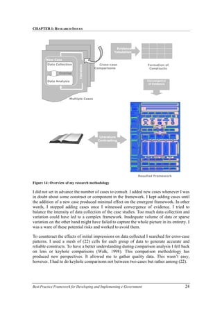CHAPTER 1: RESEARCH ISSUES
Best-Practice Framework for Developing and Implementing e-Government 24
Figure 14: Overview of my research methodology
I did not set in advance the number of cases to consult. I added new cases whenever I was
in doubt about some construct or component in the framework. I kept adding cases until
the addition of a new case produced minimal effect on the emergent framework. In other
words, I stopped adding cases once I witnessed convergence of evidence. I tried to
balance the intensity of data collection of the case studies. Too much data collection and
variation could have led to a complex framework. Inadequate volume of data or sparse
variation on the other hand might have failed to capture the whole picture in its entirety. I
was a ware of these potential risks and worked to avoid them.
To counteract the effects of initial impressions on data collected I searched for cross-case
patterns. I used a mesh of (22) cells for each group of data to generate accurate and
reliable constructs. To have a better understanding during comparison analysis I fell back
on lens or keyhole comparisons (Walk, 1998). This comparison methodology has
produced new perspectives. It allowed me to gather quality data. This wasn’t easy,
however. I had to do keyhole comparisons not between two cases but rather among (22).
Cross-case
Comparisons
Resulted Framework
Convergence
of Evidence
New Case
Data Collection
Data Analysis
Overlap
Iteration
Multiple Cases
Literature
Contrasting
Formation of
Constructs
Evidence
Tabulation
 