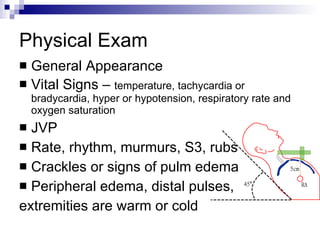 Physical Exam General Appearance Vital Signs –  temperature, tachycardia or bradycardia, hyper or hypotension, respiratory rate and oxygen saturation JVP Rate, rhythm, murmurs, S3, rubs Crackles or signs of pulm edema Peripheral edema, distal pulses,  extremities are warm or cold 