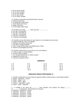 a- foi eu quem recebi.
b- fui eu que recebeu
c- foi eu que recebeu
d- foi eu que recebi
e- fui eu quem recebeu
17- Escolha a alternativa gramaticalmente incorreta
a- Deram duas horas.
b- O relógio deu duas horas.
c- Tinha soado seis horas.
d- Bateu uma hora.
e- O sino bateu duas horas.
18- Acredito que todos .......... dizer que não .................. .
a- lhe irão / se precipite
b- lhe irão / precipite-se
c- irão-lhe / se precipite
d- irão lhe / precipite-se
e- ir-lhe-ão / se precipite
19- Escolha a única alternativa em que haja erro no emprego dos pronomes:
a- Vossa Excelência e seus convidados.
b- Mandou-me embora mais cedo.
c- Vou estar consigo amanhã.
d- Vós e vossa família estais convidados para a festa.
e- Deixei-o encarregado da turma.
20- Escolha a alternativa em que há erro de concordância:
a- Tinha os olhos e a boca abertos.
b- Haviam ratos no porão.
c- Tu e ele permanecereis no mesmo quarto.
d- Separamo-nos ela e eu.
e- Ouviam-se passos lá fora.
GABARITO
1. A
2. C
3. E
4. B
5. B
6. E
7. B
8. B
9. E
10. B
11. D
12. B
13. D
14. E
15. A
16. E
17. C
18. A
19. C
20. B
SIMULADO LÍNGUA PORTUGUESA 11
1- Escolha a alternativa em que todas as palavras estão corretas quanto a acentuação gráfica:
a- grajaú - balaústre - urubús
b- árduo - língua - raíz
c- raízes - fúteis - água
d- heróico - assmbléia - corôa
e- túneis - apôio - equilíbrio
2 - A solidão é um retiro de ............ , mas ninguém vive sempre em trégua, ...........
só ............. o preguiçoso, eternamente em repouso.
a- descanço - tampouco - exceto
b- descanso - tãopouco - exceto
c- descanço - tao pouco - esceto
d- descanso - tampouco - exceto
e- descanso - tão pouco - esceto
 