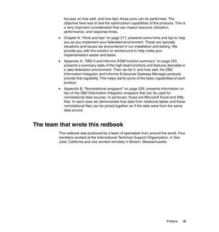 Preface xi
focuses on how well, and how fast, those joins can be performed. The
objective here was to test the optimization capabilities of the products. This is
a very important consideration that can impact resource utilization,
performance, and response times.
򐂰 Chapter 8, “Hints and tips” on page 217, presents some hints and tips to help
you as you implement your federated environment. These are typically
situations and issues we encountered in our installation and testing. We
provide you with the solution or workaround to help make your
implementation easier and faster.
򐂰 Appendix A, “DB2 II and Informix EGM function summary” on page 225,
presents a summary table of the high-level functions and features desirable in
a data federation environment. Then we list if, and how well, the DB2
Information Integrator and Informix Enterprise Gateway Manager products
provide that capability. This helps clarify some of the basic capabilities of each
product.
򐂰 Appendix B, “Nonrelational wrappers” on page 229, presents information on
two of the DB2 Information Integrator wrappers that can be used for
nonrelational data sources. In particular, those are Microsoft Excel and XML
files. In each case we demonstrate how data from relational tables and these
nonrelational files can be joined together as if the data were from the same
data source.
The team that wrote this redbook
This redbook was produced by a team of specialists from around the world. Four
members worked at the International Technical Support Organization, in San
José, California and one worked remotely in Boston, Massachusetts.
 