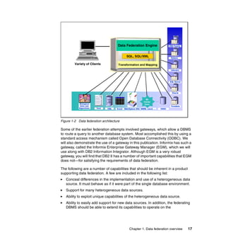 Chapter 1. Data federation overview 17
Figure 1-2 Data federation architecture
Some of the earlier federation attempts involved gateways, which allow a DBMS
to route a query to another database system. Most accomplished this by using a
standard access mechanism called Open Database Connectivity (ODBC). We
will also demonstrate the use of a gateway in this publication. Informix has such a
gateway, called the Informix Enterprise Gateway Manager (EGM), which we will
use along with DB2 Information Integrator. Although EGM is a very robust
gateway, you will find that DB2 II has a number of important capabilities that EGM
does not—for satisfying the requirements of data federation.
The following are a number of capabilities that should be inherent in a product
supporting data federation. A few are included in the following list:
򐂰 Conceal differences in the implementation and use of a heterogeneous data
source. It must behave as if it were part of the single database environment.
򐂰 Support for many heterogeneous data sources.
򐂰 Ability to exploit unique capabilities of the heterogeneous data source.
򐂰 Ability to easily add support for new data sources. In addition, the federating
DBMS should be able to extend its capabilities to operate on the
Variety of Clients
SQL, SQL/XML
Transformation and Mapping
Data Federation Engine
SQL Server
Informix
Sybase
DB2 Family
Oracle
Teradata
ODBC
WWW, email, …
WebSphere MQ
Excel
XML
Text
Biological
Data and
Algorithms
 