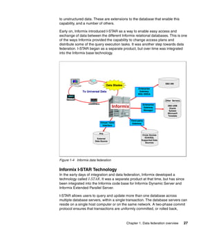 Chapter 1. Data federation overview 27
to unstructured data. These are extensions to the database that enable this
capability, and a number of others.
Early on, Informix introduced I-STAR as a way to enable easy access and
exchange of data between the different Informix relational databases. This is one
of the ways Informix provided the capability to change access plans and
distribute some of the query execution tasks. It was another step towards data
federation. I-STAR began as a separate product, but over time was integrated
into the Informix base technology.
Figure 1-4 Informix data federation
Informix I-STAR Technology
In the early days of integration and data federation, Informix developed a
technology called I-STAR. It was a separate product at that time, but has since
been integrated into the Informix code base for Informix Dynamic Server and
Informix Extended Parallel Server.
I-STAR allows users to query and update more than one database across
multiple database servers, within a single transaction. The database servers can
reside on a single host computer or on the same network. A two-phase commit
protocol ensures that transactions are uniformly committed, or rolled back,
Other Servers
DB2 UDB
Oracle
Sybase
Microsoft
Teradata
Informix
Enterprise
Gateway
Manager
Third-party
Gateway
Perso nal Ed itio n
To Universal Data
Data Blades
DB2 390
Cross Access
EDA/SQL
Supported Data
Sources
Any
External
Data Source
Virtual Table
Interface
Enterprise
Gateway
With DRDA
 