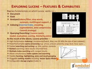 EXPLORING LUCENE – FEATURES & CAPABILITIES
Five key fundamentals on which Lucene works i.e. –
 Document
 Field
 Analyze...