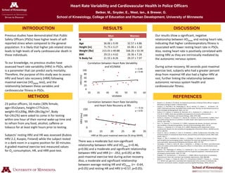 Heart Rate Variability and Cardiovascular Health in Police Officers
Betker, M., Snyder, E., West, Ian., & Brewer, G.
School of Kinesiology, College of Education and Human Development, University of Minnesota
METHODS
RESULTS DISCUSSIONINTRODUCTION
Previous studies have demonstrated that Public
Safety Officers (PSOs) have higher levels of self-
reported stress when compared to the general
population. It is likely that higher job-related stress
leads to high levels of early cardiovascular death in
these individuals.
To our knowledge, no previous studies have
assessed heart rate variability (HRV) in PSOs, which
is a parameter that can predict early mortality.
Therefore, the purpose of this study was to assess
HRV and heart rate recovery (HRR) following
maximal exercise (VO2MAX test), and the
relationship between these variables and
cardiovascular fitness in PSOs.
23 police officers, 16 males (30% female,
age=35±2years, height=177±2cm,
weight=91±20kg, BMI=28±1kg/m2, Body
fat=24±2%) were asked to come in for testing
within one hour of their normal wake-up time and
to refrain from any food, alcohol, caffeine or
tobacco for at least eight hours prior to testing.
Subjects’ resting HRV and HR was assessed (Kubios
HRV 2.2, Kuopio, Finland) while the subject rested
in a dark room in a supine position for 30 minutes.
A graded maximal exercise test measured values
for O2 consumption, HR, and HRR post-test.
REFERENCES
Our results show a significant, negative
relationship between VO2max and resting heart rate,
indicating that higher cardiorespiratory fitness is
associated with lower resting heart rate in PSOs.
Also, resting heart rate is positively correlated with
resting HRV as they are intrinsically mediated by
the autonomic nervous system.
During active recovery, 90 seconds post-maximal
exercise test, subjects who had a greater percent
drop from maximal HR also had a higher HRV at
rest, further linking the relationship between
autonomic nervous system health and
cardiovascular fitness.
• Brandl, S. G., & Smith, B. W. (2012). An Empirical Examination of Retired Police Officers’ Length of
Retirement and Age at Death: A Research Note.
• Charles, L. E., Burchfiel, C. M., Fekedulegn, D., Vila, B., Hartley, T. A., Slaven, J., ... & Violanti, J. M.
(2007). Shift work and sleep: the Buffalo Police health study. Policing: An International Journal of
Police Strategies & Management, 30(2), 215-227.
• Huikuri, H. V., Jokinen, V., Syvänne, M., Nieminen, M. S., Airaksinen, K. J., Ikäheimo, M. J., ... &
Frick, M. H. (1999). Heart rate variability and progression of coronary atherosclerosis.
Arteriosclerosis, Thrombosis, and Vascular Biology, 19(8), 1979-1985.
• Jouven, X., Empana, J. P., Schwartz, P. J., Desnos, M., Courbon, D., & Ducimetière, P. (2005). Heart-
rate profile during exercise as a predictor of sudden death. New England Journal of Medicine,
352(19), 1951-1958.
• Kors, J. A., Swenne, C. A., & Greiser, K. H. (2007). Cardiovascular disease, risk factors, and heart
rate variability in the general population. Journal of Electrocardiology, 40(1), S19-S21.
• Ramey, S. L., Downing, N. R., & Franke, W. D. (2009). Milwaukee police department retirees
cardiovascular disease risk and morbidity among aging law enforcement officers. AAOHN Journal,
57(11), 448-453.
• Sassen, B., Kok, G., Schaalma, H., Kiers, H., & Vanhees, L. (2010). Cardiovascular risk profile: cross-
sectional analysis of motivational determinants, physical fitness and physical activity. BMC Public
Health, 10(1), 1.
• Thayer, J. F., Åhs, F., Fredrikson, M., Sollers, J. J., & Wager, T. D. (2012). A meta-analysis of heart
rate variability and neuroimaging studies: implications for heart rate variability as a marker of
stress and health. Neuroscience & Biobehavioral Reviews, 36(2), 747-756.
• Varvarigou, V., Farioli, A., Korre, M., Sato, S., Dahabreh, I. J., & Kales, S. N. (2014). Law enforcement
duties and sudden cardiac death among police officers in United States: case distribution study.
BMJ, 349, g6534.
• Violanti, J. M., Fekedulegn, D., Hartley, T. A., Andrew, M. E., Gu, J. K., & Burchfiel, C. M. (2012). Life
expectancy in police officers: a comparison with the US general population. International journal
of emergency mental health, 15(4), 217-228.
• Vrijkotte, T. G., Van Doornen, L. J., & De Geus, E. J. (2000). Effects of work stress on ambulatory
blood pressure, heart rate, and heart rate variability. Hypertension, 35(4), 880-886.
• Weber, C. S., Thayer, J. F., Rudat, M., Wirtz, P. H., Zimmermann-Viehoff, F., Thomas, A., ... & Deter,
H. C. (2010). Low vagal tone is associated with impaired post stress recovery of cardiovascular,
endocrine, and immune markers. European Journal of Applied Physiology, 109(2), 201-211.
Men Women
N 16 7
Age 36.06 ± 9.49 32.57 ± 4.86
Height (in) 71.75 ± 3.27 65.96 ± 1.50
Weight (lbs) 215.01 ± 40.88 166.26 ± 53.34
BMI 29.15 ± 4.62 26.36 ± 7.26
% Body Fat 21.55 ± 8.26 29.37 ± 7.97
There was a moderate but non-significant
relationship between HRV and VO2max (r=0.46,
p=0.06) and a moderate and significant relationship
between HRV and HRR (r= -.052, p<0.05) at 90s
post-maximal exercise test during active recovery.
Also, a moderate and significant relationship
between average resting HR and VO2max (r= -0.64,
p<0.05) and resting HR and HRV (r=0.57, p<0.05).
0
20
40
60
80
100
30 35 40 45 50 55 60
HRV(ms)
VO2MAX
Correlation between Heart Rate Variability
and VO2MAX
r = 0.46
p = 0.06
0
50
100
150
10 15 20 25 30 35
HRV(ms)
HRR at 90s post-maximal exercise (% drop MHR)
Correlation between Heart Rate Variability
and Heart Rate Recovery at 90s
r = -0.52
p < 0.05
 