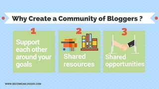 Why Create a Community of Bloggers ?
Support
each other
around your
goals
Shared
resources
Shared
opportunities
1 2 3
WWW....