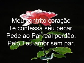 Meu contrito coração
Te confessa seu pecar,
Pede ao Pai real perdão,
Pelo Teu amor sem par.