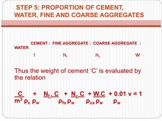 STEP 5: PROPORTION OF CEMENT,
WATER, FINE AND COARSE AGGREGATES
CEMENT : FINE AGGREGATE : COARSE AGGREGATE :
WATER
1 Nf Nc w
Thus the weight of cement ‘C’ is evaluated by
the relation
C + Nf.. C + Nc C + W.C + 0.01 ν = 1
m3 ρc ρw ρfa ρw ρca ρw ρw
 