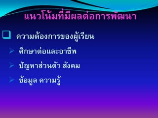 แนวโน้ มที่มีผลต่อการพัฒนา
ความต้องการของผูเรียน
                   ้
 ศึกษาต่อและอาชีพ
 ปัญหาส่วนตัว สังคม
 ข้อมูล ความรู้
 