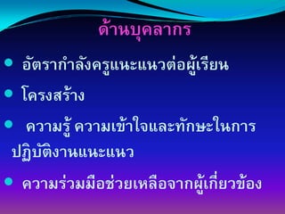 ด้านบุคลากร
 อัตรากําลังครูแนะแนวต่อผูเรียน
                          ้
 โครงสร้าง
  ความรู้ ความเข้าใจและทักษะในการ
ปฏิบติงานแนะแนว
    ั
 ความร่วมมือช่วยเหลือจากผูเกี่ยวข้อง
                            ้
 