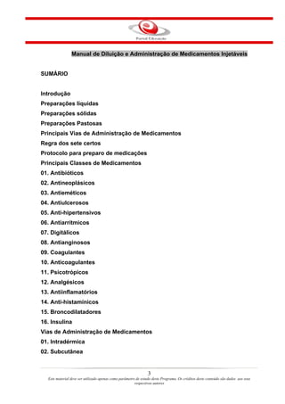 Manual de Diluição e Administração de Medicamentos Injetáveis


SUMÁRIO


Introdução
Preparações líquidas
Preparações sólidas
Preparações Pastosas
Principais Vias de Administração de Medicamentos
Regra dos sete certos
Protocolo para preparo de medicações
Principais Classes de Medicamentos
01. Antibióticos
02. Antineoplásicos
03. Antieméticos
04. Antiulcerosos
05. Anti-hipertensivos
06. Antiarrítmicos
07. Digitálicos
08. Antianginosos
09. Coagulantes
10. Anticoagulantes
11. Psicotrópicos
12. Analgésicos
13. Antiinflamatórios
14. Anti-histamínicos
15. Broncodilatadores
16. Insulina
Vias de Administração de Medicamentos
01. Intradérmica
02. Subcutânea


                                                                3
  Este material deve ser utilizado apenas como parâmetro de estudo deste Programa. Os créditos deste conteúdo são dados aos seus
                                                        respectivos autores
 