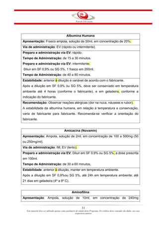 Albumina Humana
Apresentação: Frasco ampola, solução de 50ml, em concentração de 20%.
Via de administração: EV (rápido ou intermitente).
Preparo e administração via EV: rápido.
Tempo de Administração: de 15 a 30 minutos.
Preparo e administração via EV: intermitente.
Diluir em SF 0,9% ou SG 5%, 1 frasco em 200ml.
Tempo de Administração: de 40 a 80 minutos.
Estabilidade: anterior à diluição é variável de acordo com o fabricante.
Após a diluição em SF 0,9% ou SG 5%, deve ser conservado em temperatura
ambiente até 4 horas (conforme o fabricante), e em geladeira, conforme a
indicação do fabricante.
Recomendação: Observar reações alérgicas (dor na nuca, náuseas e rubor).
A estabilidade da albumina humana, em relação à temperatura e conservação,
varia de fabricante para fabricante. Recomenda-se verificar a orientação do
fabricante.


                                            Amicacina (Novamin)
Apresentação: Ampola, solução de 2ml, em concentração de 100 a 500mg (50
ou 250mg/ml).
Via de administração: IM, EV (lento).
Preparo e administração via EV: Diluir em SF 0,9% ou SG 5%, a dose prescrita
em 100ml.
Tempo de Administração: de 30 a 60 minutos.
Estabilidade: anterior à diluição, manter em temperatura ambiente.
Após a diluição em SF 0,9%ou SG 5%, até 24h em temperatura ambiente; até
21 dias em geladeira (4º a 8º C).


                                                     Aminofilina
Apresentação: Ampola, solução de 10ml, em concentração de 240mg


                                                                31
   Este material deve ser utilizado apenas como parâmetro de estudo deste Programa. Os créditos deste conteúdo são dados aos seus
                                                         respectivos autores
 