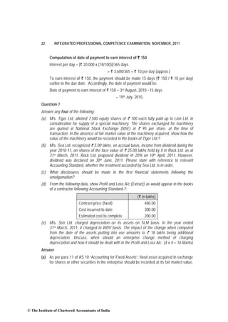 22       INTEGRATED PROFESSIONAL COMPETENCE EXAMINATION: NOVEMBER, 2011


             Computation of date of payment to earn interest of ` 150
             Interest per day = [` 20,000 x (18/100)]/365 days
                                                  = ` 3,600/365 = ` 10 per day (approx.)
             To earn interest of ` 150, the payment should be made 15 days (` 150 / ` 10 per day)
             earlier to the due date. Accordingly, the date of payment would be:
             Date of payment to earn interest of ` 150 = 3rd August, 2010 –15 days
                                                        = 19th July, 2010.
        Question 7
        Answer any four of the following:
        (a) M/s. Tiger Ltd. allotted 7,500 equity shares of ` 100 each fully paid up to Lion Ltd. in
            consideration for supply of a special machinery. The shares exchanged for machinery
            are quoted at National Stock Exchange (NSE) at ` 95 per share, at the time of
            transaction. In the absence of fair market value of the machinery acquired, show how the
            value of the machinery would be recorded in the books of Tiger Ltd.?
        (b) M/s. Sea Ltd. recognized ` 5.00 lakhs, on accrual basis, income from dividend during the
            year 2010-11, on shares of the face value of ` 25.00 lakhs held by it in Rock Ltd. as at
            31st March, 2011. Rock Ltd. proposed dividend @ 20% on 10 th April, 2011. However,
            dividend was declared on 30th June, 2011. Please state with reference to relevant
            Accounting Standard, whether the treatment accorded by Sea Ltd. is in order.
        (c) What disclosures should be made in the first financial statements following the
            amalgamation?
        (d) From the following data, show Profit and Loss A/c (Extract) as would appear in the books
            of a contractor following Accounting Standard-7:
                                                                      (` in lakhs)
                               Contract price (fixed)                        480.00
                               Cost incurred to date                         300.00
                               Estimated cost to complete                    200.00
        (e) M/s. Son Ltd. charged depreciation on its assets on SLM basis. In the year ended
            31st March, 2011, it changed to WDV basis. The impact of the change when computed
            from the date of the assets putting into use amounts to ` 18 lakhs being additional
            depreciation. Discuss, when should an enterprise change method of charging
            depreciation and how it should be dealt with in the Profit and Loss Alc. (4 x 4 = 16 Marks)
        Answer
        (a) As per para 11 of AS 10 “Accounting for Fixed Assets”, fixed asset acquired in exchange
            for shares or other securities in the enterprise should be recorded at its fair market value,




© The Institute of Chartered Accountants of India
 
