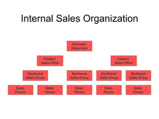 Internal Sales Organization Domestic Sales Area Western  Sales Office Eastern  Sales Office Southwest Sales Group Northwest Sales Group Sales  Person Sales  Person Sales  Person Southeast Sales Group Northeast Sales Group Sales  Person Sales  Person 