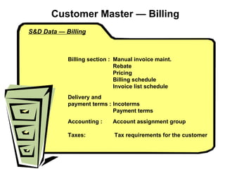 Customer Master  — Billing S&D Data — Billing Billing section : Manual invoice maint. Rebate Pricing Billing schedule Invoice list schedule Delivery and payment terms : Incoterms Payment terms Accounting : Account assignment group Taxes:  Tax requirements for the customer 