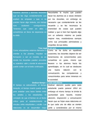 Nuestros alumnos y alumnas necesitan
que se les diga constantemente que
acaban de empezar y que, si no
pueden hacer algo todavía, con trabajo
duro acabaran consiguiéndolo.
Tenemos que creer en ellos y
convertirnos en faros de esperanza en
su éxito.
Recordarles lo mucho que pueden
hacer los alumnos es a veces olvidado
por los docentes, sin embargo es
necesario que constantemente se les
recuerde y se les reconozca la
diversidad de cosas que pueden
realizar y que si bien han logrado algo
con un esfuerzo máximo se puede
mejorar mas, mostrándonos siempre
como sus principales admiradores y
creyentes de sus éxitos.
Tres regalos en uno
Como educadores estamos llamados a
orientar a los jóvenes, impulsar su
formación o ser un modelo, es en
donde los docentes pueden encontrar
su autentico valor y donde la educación
puede contar con el éxito continuado.
Como se ha dicho en repetitivas
ocasiones, los docentes dejaron de ser
transmisores de conocimientos para
convertirse en guías, mismo que
llevaran a los alumnos hacia los
aprendizajes, en la cual se destacara
una buena relación con la
comunicación, las competencias y
conocimientos para verse inmersos en
la sociedad.
Dedicar tiempo a cada estudiante
El tiempo no estructurado, el tiempo
tranquilo, el tiempo muerto puede servir
para entablar unos lazos fuertes entre
los adultos y los estudiantes. El
concepto de que el tiempo es un factor
critico para el establecimiento de
vínculos entre estudiantes y adulto. Las
relaciones no se desarrollan mejor
Dedicar atención quizás para cada
estudiante pueda parecer difícil sin
embargo el mismo tiempo te brinda la
oportunidad para hacerlo, mostrar
atención, disposición y comunicación
hacen que se forjen esas relaciones en
la que cada uno de ellos se sientan
parte y considerados por el mismo
 