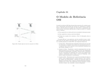 Figura 30.6: Cenário tı́pico de envio de caracteres via Telnet
313
Capı́tulo 31
O Modelo de Referência
OSI
O modelo de referência OSI (Open Systems Interconnection) foi o primeiro passo
para a padronização internacional dos processos de comunicação de sistemas
abertos. Sistemas abertos são aqueles que estão abertos a comunicação com
outros sistemas. Os princı́pios aplicados para se chegar ao modelo de 7 camadas
foram os seguintes:
• Uma camada deve ser criada onde houver necessidade de abstração acional;
• Cada camada deve executar tarefa bem deﬁnida;
• O limite das camadas deve minimizar o ﬂuxo de informações sobre as
interfaces.
O modelo OSI não é uma arquitetura, pois não especiﬁca serviços e proto-
colos exatos de cada camada. Ele apenas indica o que cada camada deve fazer.
As 7 camadas propostas no modelo OSI e suas respectivas funções são:
1. Camada Fı́sica - Responsável pela transmissão de bits brutos por um canal
de comunicação. As questões mais comuns são representação dos bits 0 e
1, tempo de vida de um bit, permitir ou não transmissões simultâneas nos
dois sentidos, pinagens, etc; (2)
2. Camada de Enlace - Transformar o canal de comunicação bruto em uma
linha que pareça livre de erros para a camada de rede. Deve implementar
mecanismos de fragmentação e montagem, controle de ﬂuxo, tratamentos
de erros e mecanismos de conﬁrmação caso o serviço seja conﬁável. Para
melhorar o desempenho pode-se utilizar a técnica de Pipelining. Deve
possuir também mecanismos de retransmissão;
3. Camada de Rede - Determinar como os pacotes são roteados da origem ao
destino. Evitar congestionamentos e atrasos excessivos. Deve se preocu-
par também com endereçamento e tamanhos de pacotes,que podem ser
diferentes nas diversas redes. É papel da camada proporcionar interoper-
abilidade entre as redes. Deve implementar serviços orientados a conexão
(circuitos virtuais) e não orientados a conexão (datagramas).
314
 