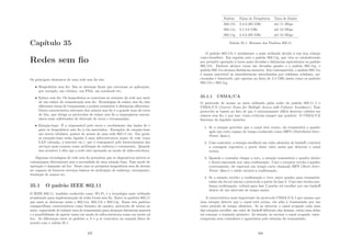 Capı́tulo 35
Redes sem ﬁo
Os principais elementos de uma rede sem ﬁo são:
• Hospedeiros sem ﬁo: São os sistemas ﬁnais que executam as aplicações,
por exemplo, um celulare, um PDA, um notebook etc;
• Enlace sem ﬁo: Os hospedeiros se conectam ao restante da rede por meio
de um enlace de comunicação sem ﬁo. Tecnologias de enlace sem ﬁo têm
diferentes taxas de transmissão e podem transmitir à distâncias diferentes.
Outra caracterı́stica relevante dos enlaces sem ﬁo é a grande taxa de erros
de bits, que obriga os protocolos de enlace sem ﬁo a empregarem mecan-
ismos mais soﬁsticados de detecção de erros e retransmisão;
• Estação-base: É a responsável pelo envio e recebimento dos dados de e
para os hospedeiros sem ﬁo à ela associados. Exemplos de estação-base
são torres celulares, pontos de acesso de uma rede 802.11 etc. Em geral,
as estações-base estão ligadas à uma infra-estrutura maior de rede (uma
LAN cabeada, a internet etc.) que é responsável pelo fornecimentos dos
serviços mais comuns como atribuição de endereço e roteamento. Quando
isso acontece é dito que a rede está operando no modo de infra-estrutura.
Algumas tecnologias de rede sem ﬁo permitem que os dispositivos móveis se
comuniquem diretamente sem a necesidade de uma estação base. Esse modo de
operação é chamado ad hoc. Nesse caso os prórprios hospedeiros sem ﬁo devem
ser capazes de fornecer serviços básicos de atribuição de endereço, roteamento,
resolução de nomes etc.
35.1 O padrão IEEE 802.11
O IEEE 802.11, também conhecido como Wi-Fi, é a tecnologia mais utilizada
atualmente para implementação de redes locais sem ﬁo. Entre os padrões 802.11
que mais se destacam estão o 802.11a, 802.11b e 802.11g. Esses três padrões
compartilham caracterı́sticas como formato do quadro, protocolo de acesso ao
meio, capacidade de reduzir taxa de transmissão para alcançar distâncias maiores
e a possibilidade de operar tanto em modo de infra-estrutura como em modo ad
hoc. As diferenças entre os padrões a, b e g se concentra na camada fı́sica de
acordo com a tabela 35.1.
337
Padrão Faixa de Frequência Taxa de Dados
802.11b 2.4-2.485 GHz até 11 Mbps
802.11a 5.1-5.8 GHz até 54 Mbps
802.11g 2.4-2.485 GHz até 54 Mbps
Tabela 35.1: Resumo dos Padrões 802.11
O padrão 802.11b é atualmente o mais utilizado devido à sua boa relação
custo-benefı́cio. Em seguida está o padrão 802.11g, que vêm se estabelecendo
por permitir operação à taxas mais elevadas e distâncias equivalentes ao padrão
802.11b. Embora alcance taxas tão elevadas quanto o o padrão 802.11g, o
padrão 802.11a alcança distâncias menores. Em contrapartida, o padrão 802.11a
é menos suscetı́vel às intereferências introduzidas por telefones celulares, mi-
croondas e bluetooth, que operam na faixa de 2.4 GHz assim como os padrões
802.11b e 802.11g.
35.1.1 CSMA/CA
O protocolo de acesso ao meio utilizado pelas redes do padrão 802.11 é o
CSMA/CA (Carrier Sense for Multiple Access with Colision Avoidance). Esse
protocolo se baseia no fato de que é extremamente difı́cil detectar colisões em
enlaces sem ﬁo, e por isso, tenta evitá-las sempre que possı́vel. O CSMA/CA
funciona da seguinte maneira:
1. Se a estação perceber que o canal está ocioso, ela transmitirá o quadro
após um curto espaço de tempo conhecido como DIFS (Distributed Inter-
Frame Space);
2. Caso contrário, a estação escolherá um valor aleatório de backoﬀ e iniciará
a contagem regressiva a partir desse valor assim que detectar o canal
ocioso;
3. Quando o contador chegar a zero, a estação transmitirá o quadro inteiro
e ﬁcará esperando por uma conﬁrmação. Caso o receptor receba o quadro
corretamente, ele esperará um tempo curto chamado SIFS (Short Inter-
Frame Space) e então enviará a conﬁrmação;
4. Se a estação receber a conﬁrmação e tiver outro quadro para transmitir,
então ela ela irá iniciar o protocolo a partir da fase 2. Caso não receba nen-
huma conﬁrmação, voltará para fase 2 porém irá escolher por um backoﬀ
dentro de um intervalo de tempo maior.
A caracterı́stica mais importante do protocolo CSMA/CA é que mesmo que
uma estação detecte que o canal está ocioso, ela adia a transmissão por um
curto perı́odo de tempo aleatório. Se ao detectar o canal ocupado cada uma
das estações escolher um valor de backoﬀ diferente das demais, então uma delas
irá começar a trasmitir primeiro. As demais, ao escutar o canal ocupado, inter-
romperam seus contadores e aguardarm pelo término da transmissão.
338
 