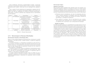 Outra classiﬁcação: Fortemente acoplado(Tightly Coupled): comunicação
rápida entre os processadores (grande número de bits por segundo). Fracamente
acoplado(Loosely Coupled): atraso para troca de mensagem entre máquinas é
alto.
Com a criação de novas arquiteturas de computadores, surgiram novas de-
mandas de software e, em especial, novas funções exigidas ao S.O. Pode-se con-
siderar como uma boa classiﬁcação da evolução dos Sistemas Operacionais a
tabela abaixo. A tabela 4.1 apresenta uma comparação entre as caracterı́sticas
dos S.O modernos
Geração Sistema Caracterı́stica Objetivo
1a
SO Centralizado Gerenciamento de Processos Gerenciamento de
Gerenciamento de Memória recursos
Gerenciamento de E/S Memória estendida
Gerenciamento de Arquivos Virtualidade
2a
SO de Rede Acesso Remoto Compartilhamento de
Troca de Informações recursos
Navegação na rede Interoperabilidade
3a
SO Distribuı́do Visão global do Sistema de Visão de computador
arquivos, Único em sistema
Espaço de nomes de Múltiplos
Tempo, Segurança Computadores
Poder Computacional Transparência
4a
SO Cooperativo Aplicações Distribuı́das Trabalho cooperativo
Autônomo Abertas e Cooperativas Autonomia
Tabela 4.1: Sistemas Operacionais
4.7.1 Estruturação de Sistemas Distribuı́dos
Estruturação baseada na distribuição fı́sica
Dentre os vários modelos baseados da distribuição fı́sica, encontram-se o modelo
hierárquico, o do cache de CPU, o usuário servidor e o modelo de conjunto de
processadores.
No modelo hierárquico, os computadores são dispostos em uma rede sob a
forma de árvore, de maneira que quanto mais próximos estiverem da raiz, mais
potentes deverão ser. O computador da raiz tratará, de forma geral, do sistema
como um todo, enquanto que os computadores distantes da raiz tratarão de
tarefas especı́ﬁcas e especializadas.
O modelo de cache de CPU consiste na utilização de computadores de menor
porte como elementos que interligam terminais com uma grande CPU. Nesse
caso, uma parte do processamento será executada no computador ligado ao
terminal, e a outra parte no computador central.
O modelo usuário-servidor(cliente/servidor) surgiu na medida em que os
computadores pequenos, crescendo em potência e tendo seus preços reduzidos,
diminuı́ram gradativamente a importância do computador central do modelo
cache de CPU.
63
Estruturação Lógica
Modelo de processos:
Esses processos podem encapsular tanto elementos ativos com natureza, con-
sistindo dos programas referentes às atividades do sistema e do usuário quanto
elementos naturalmente passivos correspondendo aos recursos e suas respecti-
vas operações, conﬁnados em gerenciadores de recursos. A comunicação entre os
processos, implementada pelo sistema operacional, pode ocorrer de duas formas:
• Chamada remota de procedimento: este tipo de comunicação entre pro-
cessos é bastante dependente da linguagem usada para implementação
do sistema, devendo satisfazer suas restrições com relação a chamada de
procedimento e a passagem de parâmetros.
• Troca explı́cita de mensagem: este já é mais ﬂexı́vel do que o anterior,
suas restrições estão relacionadas com a existência de ligações implı́citas
ou explı́citas entre os processos e com a interpretação da mensagem.
Modelo de objetos:
O modelo de objetos baseia-se no encapsulamento das várias partes de um sis-
tema em elementos denominados objetos que são estruturados de forma a apre-
sentarem um conjunto de operações responsáveis pelo seu comportamento. Para
conseguir acessar um objeto, um processo deve ter capacidade de fazê-lo, usando
o conhecimento do nome do objeto e a posse da autorização para cessar algu-
mas ou todas as suas operações. Cada objeto distribuı́do não opera sozinho. A
princı́pio ele é construı́do para trabalhar com outros objetos e, para isso, precisa
de uma espécie de “barramento”. Tais “barramentos” fornecem infra-estrutura
para os objetos, adicionando novos serviços que podem ser herdados durante
a construção do objeto, ou mesmo em tempo de execução para alcançar altos
nı́veis de colaboração com outros objetos independentes. CORBA é um exemplo
de “barramento”.
64
 