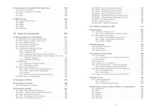 25 Gerenciador de Conteúdo Web Zone/Plone 256
25.1 Gestão de Conteúdo . . . . . . . . . . . . . . . . . . . . . . . . . 256
25.2 Sistema de Gestão de Conteúdo . . . . . . . . . . . . . . . . . . . 257
25.3 Zope . . . . . . . . . . . . . . . . . . . . . . . . . . . . . . . . . . 258
25.4 Plone . . . . . . . . . . . . . . . . . . . . . . . . . . . . . . . . . 260
26 Web Services 263
26.1 O que é Web Services? . . . . . . . . . . . . . . . . . . . . . . . . 263
26.2 SOAP . . . . . . . . . . . . . . . . . . . . . . . . . . . . . . . . . 266
26.3 WSDL . . . . . . . . . . . . . . . . . . . . . . . . . . . . . . . . . 267
26.4 UDDI . . . . . . . . . . . . . . . . . . . . . . . . . . . . . . . . . 269
26.5 Segurança . . . . . . . . . . . . . . . . . . . . . . . . . . . . . . . 269
VI Redes de Comunicação 270
27 Técnicas Básicas de Comunicação 271
27.1 Base Teórica da Comunicação de Dados . . . . . . . . . . . . . . 271
27.2 Taxa Máxima de Dados em um Canal . . . . . . . . . . . . . . . 272
27.3 Sinais Digitais Binários . . . . . . . . . . . . . . . . . . . . . . . 272
27.4 Transmissão em Banda Base . . . . . . . . . . . . . . . . . . . . . 273
27.5 Classiﬁcação dos Sinais . . . . . . . . . . . . . . . . . . . . . . . . 273
27.6 Técnicas de Codiﬁcação de Linha . . . . . . . . . . . . . . . . . . 274
27.6.1 Codiﬁcação NRZ . . . . . . . . . . . . . . . . . . . . . . . 274
27.6.2 Codiﬁcação RZ . . . . . . . . . . . . . . . . . . . . . . . . 275
27.6.3 Codiﬁcação AMI (Alternate Mark Invertion) . . . . . . . 275
27.6.4 Codiﬁcação HDB-3 (High Density Bipolar with 3 Zero
Maximum Tolerance) . . . . . . . . . . . . . . . . . . . . 275
27.6.5 Codiﬁcação Manchester . . . . . . . . . . . . . . . . . . . 276
27.7 Modulação . . . . . . . . . . . . . . . . . . . . . . . . . . . . . . 276
27.7.1 Modulação de Onda Contı́nua . . . . . . . . . . . . . . . . 277
27.7.2 Modulação de Pulsos . . . . . . . . . . . . . . . . . . . . . 279
27.8 Técnicas de Multiplexação . . . . . . . . . . . . . . . . . . . . . . 280
27.8.1 FDM - Frequency Division Multiplexing . . . . . . . . . . 281
27.8.2 TDM - Time Division Multiplexing . . . . . . . . . . . . . 281
27.8.3 OFDM . . . . . . . . . . . . . . . . . . . . . . . . . . . . 281
27.8.4 WDM -Wavelength Division Multiplexing . . . . . . . . . 282
27.9 Protocolos de Acesso Múltiplo . . . . . . . . . . . . . . . . . . . . 283
28 Topologias de Redes 284
29 Arquitetura de Redes 286
29.1 Organização em Camadas . . . . . . . . . . . . . . . . . . . . . . 286
30 Protocolos de Rede 287
30.1 ARP - Address Resolution Protocol . . . . . . . . . . . . . . . . 287
30.2 DHCP - Dynamic Host Conﬁguration Protocol . . . . . . . . . . 287
30.3 DNS - Domain Name System . . . . . . . . . . . . . . . . . . . . 289
30.4 TCP - Transmission Control Protocol . . . . . . . . . . . . . . . 291
30.5 UDP - User Datagram Protocol . . . . . . . . . . . . . . . . . . . 293
7
30.6 HTTP - Hyper Text Transfer Protocol . . . . . . . . . . . . . . . 294
30.7 SMTP - Simple Mail Transfer Protocol . . . . . . . . . . . . . . . 299
30.8 POP3 - Post Oﬃce Protocol Version 3 . . . . . . . . . . . . . . . 301
30.9 IMAP - Internet Mail Access Protocol . . . . . . . . . . . . . . . 303
30.10LDAP - LightWeight Directory Access Protocol . . . . . . . . . . 305
30.11SNMP - Simple Network Management Protocol . . . . . . . . . . 305
30.12FTP - File Transfer Protocol . . . . . . . . . . . . . . . . . . . . 306
30.13IP - Internet Protocol . . . . . . . . . . . . . . . . . . . . . . . . 310
30.14TELNET - TELetype NETwork . . . . . . . . . . . . . . . . . . 311
31 O Modelo de Referência OSI 314
32 Roteamento 316
32.1 Link State e Distance Vector . . . . . . . . . . . . . . . . . . . . 317
32.1.1 Vetor de Distâncias vs. Estado do Link . . . . . . . . . . 319
32.2 Protocolos de Roteamento . . . . . . . . . . . . . . . . . . . . . . 320
32.2.1 RIP - Routing Information Protocol . . . . . . . . . . . . 320
32.2.2 OSPF - Open Shortest Path First . . . . . . . . . . . . . 320
32.2.3 IGRP e EIGRP . . . . . . . . . . . . . . . . . . . . . . . . 321
33 Redes Ethernet 322
33.1 Protocolo CSMA/CD . . . . . . . . . . . . . . . . . . . . . . . . 322
33.2 Fast Ethernet . . . . . . . . . . . . . . . . . . . . . . . . . . . . . 323
33.3 Gigabit Ethernet . . . . . . . . . . . . . . . . . . . . . . . . . . . 324
34 Cabeamento Estruturado 326
34.1 Par Trançado . . . . . . . . . . . . . . . . . . . . . . . . . . . . . 326
34.1.1 Interferências nos Cabos de Par Trançado . . . . . . . . . 326
34.2 Categorias 5e . . . . . . . . . . . . . . . . . . . . . . . . . . . . . 327
34.3 Categoria 6 . . . . . . . . . . . . . . . . . . . . . . . . . . . . . . 328
34.4 Categoria 5e vs. Categoria 6 . . . . . . . . . . . . . . . . . . . . 328
34.5 Cabeação Estruturada – Norma EIA/TIA 568 . . . . . . . . . . . 329
34.5.1 Sistemas de Cabeamento Estruturado . . . . . . . . . . . 329
34.6 Desempenho do Hardware e Meios de Transmissão . . . . . . . . 333
34.6.1 Cabeamento UTP . . . . . . . . . . . . . . . . . . . . . . 334
34.6.2 Fibra Óptica . . . . . . . . . . . . . . . . . . . . . . . . . 335
34.7 Código de Cores para Sistemas de Cabeção UTP . . . . . . . . . 336
35 Redes sem ﬁo 337
35.1 O padrão IEEE 802.11 . . . . . . . . . . . . . . . . . . . . . . . . 337
35.1.1 CSMA/CA . . . . . . . . . . . . . . . . . . . . . . . . . . 338
35.1.2 Formato do Quadro 802.11 . . . . . . . . . . . . . . . . . 339
36 Elementos de Interconexão de Redes de Computadores 340
36.1 Repetidores . . . . . . . . . . . . . . . . . . . . . . . . . . . . . . 340
36.2 Hubs . . . . . . . . . . . . . . . . . . . . . . . . . . . . . . . . . . 340
36.3 Switches . . . . . . . . . . . . . . . . . . . . . . . . . . . . . . . . 341
36.4 Bridges . . . . . . . . . . . . . . . . . . . . . . . . . . . . . . . . 342
36.5 Roteadores . . . . . . . . . . . . . . . . . . . . . . . . . . . . . . 342
36.6 Gateways . . . . . . . . . . . . . . . . . . . . . . . . . . . . . . . 343
8
 