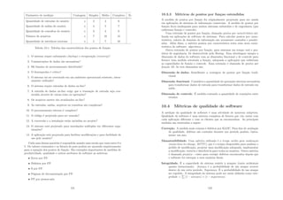 Parâmetro de medição Contagem Simples Médio Complexo To
Quantidade de entradas do usuário x 3 4 6
Quantidade de saı́das do usuário x 4 5 7
Quantidade de consultas do usuário x 3 4 6
Número de arquivos x 7 10 15
Quantidade de interfaces externas x 5 7 10
Tabela 10.1: Tabelas das caracterı́sticas dos pontos de função
1. O sistema requer salvamento (backup) e recuperação (recovery)?
2. Comunicações de dados são necessárias?
3. Há funções de processamento distribuı́do?
4. O desempenho é crı́tico?
5. O sistema vai ser executado em um ambiente operacional existente, inten-
samente utilizado?
6. O sistema requer entradas de dados on-line?
7. A entrada de dados on-line exige que a transação de entrada seja con-
struı́da através de várias telas ou operações?
8. Os arquivos mestre são atualizados on-line?
9. As entradas, saı́das, arquivos ou consultas são complexas?
10. O processomento interno é complexo?
11. O código é projetado para ser reusado?
12. A conversão e a instalação estão incluı́das no projeto?
13. O sistema está projetado para instalações múltiplas em diferentes orga-
nizações?
14. A aplicação está projetada para facilitar modiﬁcações e para facilidade de
uso pelo usuário?
Cada uma dessas questões é respondida usando uma escala que varia entre 0 a
5. Os valores constantes e os fatores de peso podem ser ajustado empiricamente
para a equação dos pontos de função. São exemplos importantes de medidas de
produtividade, qualidade e outros atributos de software as métricas:
• Erros por FP.
• Defeitos por FP.
• $ por FP.
• Páginas de documentação por FP.
• FP por pessoa-mês.
121
10.3.3 Métricas de pontos por funçao estendidas
A medida de pontos por função foi originalmente projetada para ser usada
em aplicações de sistemas de informação comerciais. A medida de pontos por
função ﬁcou inadequada para muitos sistemas embutidos e de engenharia (que
enfatizam função e controle).
Uma extensão de pontos por função, chamada pontos por caracterı́stica uti-
lizada em eplicações de software de sistemas. Para calcular pontos por carac-
terı́stica, valores de domı́nio de informação são novamente contados e ponder-
ados. Além disso, a métrica pontos por caracterı́stica trata uma nova carac-
terı́sitca do software: algoritmos.
Outra extensão de pontos por função, para sistemas em tempo real e pro-
dutos de engenharia, foi desenvolvida pela Boeing. Essa abordagem integra a
dimensão de dados do software com as dimensões funcional e de controle para
forncer uma medida orientada a função, adequada a aplicações que enfatizam
as capacidades de função e controle. Essa extensão é chamada de pontos por
função 3D. As três dimensões são:
Dimensão de dados. Semelhante a contagem de pontos por função tradi-
cional.
Dimensão funcional. Considera a quantidade de operações internas necessárias
para transformar dados de entrada para transformar dados de entrada em
saı́da.
Dimensão de controle. É medida contando a quantidade de transições entre
estados.
10.4 Métricas de qualidade de software
A medição da qualidade de software é uma atividade de natureza subjetiva.
Qualidade de software é uma mistura complexa de fatores que vão variar com
cada aplicação diferente e com os clientes que as encomendam. As principais
medidas são mostradas a seguir:
Correção. A medida mais comum é defeitos por KLOC. Para ﬁns de avaliação
de qualidade, defeitos são contados durante um perı́odo padrão, tipica-
mente um ano.
Manutenibilidade. Uma métrica utilizada é o tempo médio para modicação
(mean-time-to-change, MTTC), que é o tempo despendido para analisar o
pedido de modiﬁcação, projetar uma modiﬁcação adequada, implementar
a modiﬁcação, testá-la e distribuı́-la para todos os usuários. Outra métrica
é chamada prejuı́zo - custo para corrigir defeitos encontrados depois que
o software foi entregue a seus usuários ﬁnais.
Integridade. É a capacidade do sistema resistir à ataques (tanto acidentais
quanto intencionais). Ameaça é a probabilidade de um ataque ocorrer
dentro de um certo perı́odo. Segurança. É a probabilidade de um ataque
ser repelido. A integridade do sistema pode ser então deﬁnido como inte-
gridade =

(1 − ameaca) × (1 − seguranca).
122
 