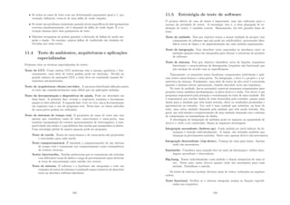 • Se todos os casos de teste com um determinado argumento igual a 1, por
exemplo, falharem, trata-se de uma falha de modo singular.
• Se existe um problema consistente quando nı́veis especı́ﬁcos de dois parâmetros
ocorrem simultaneamente, ele é chamado de falha de modo duplo. É a in-
teração danosa entre dois parâmetros de teste.
• Matrizes ortogonais só podem garantir a detecção de falhas de modo sin-
gular e duplo. No entanto, muitas falhas de multimodo são tembém de-
tectadas por esses testes.
11.4 Teste de ambientes, arquiteturas e aplicações
especializadas
Podemos citar as técnicas especializadas de testes:
Teste de GUI. Como muitas GUI modernas têm a mesma aparência e fun-
cionamento, uma série de testes padrão pode ser derivada. Devido ao
grande número de operações GUI, o teste deve ser conduzido usando fer-
ramentas automatizadas.
Teste de arquiteturas cliente/servidor. A natureza distribuı́da diﬁculta muito,
os teste são consideravelmente mais difı́cil que em aplicações isoladas.
Teste da documentação e dispositivos de ajuda. Pode ser abordado em
duas fases. A primeira fase, revisão e inspenção, examina o documento
quanto à clare editorial. A segunda fase, teste ao vivo, usa a documentação
em conjunto com o uso do programa real. Nesta fase, os vários métodos
de caixa-preta podem ser utilizados.
Teste de sistemas de tempo real. O projetista de casos de teste não tem
apenas que considerar casos de teste caixa-branca e caixa-preta, mas
também manipulação de eventos (processamento de interrupções), a tem-
pestividade dos dados e o paralelismo das tarefas que manipulam os dados.
Uma estratégia global de quatro passoas pode ser proposta:
Teste de tarefa. Testes de caixa-branca e de caixa-preta são projetados
e executados para cada tarefa.
Teste comportamental. É simulado o comportamento de um sistema
de tempo real e examinado seu comportamento como conseqüência
de eventos externos.
Testes intertarefas. Tarefas assı́ncornas que se comunicam são testadas
com diferentes taxas de dados e carga de processamento para detectar
se erros de sincronização entre tarefas vão ocorrer.
Teste de sistema. O software e o hardware são integrados e todo um
conjunto de testes de sistema é conduzido numa tentativa de descobrir
erros na interface software-hardware.
133
11.5 Estratégia de teste de software
O projeto efetivo de caso de testes é importante, mas não suﬁciente para o
sucesso da atividade de testes. A estratégia, isto é, a série planejada de re-
alização de testes, é também crucial. Basicamente, há três grandes fases de
teste:
Teste de unidade. Tem por objetivo testar a menor unidade do projeto (um
componente de software que não pode ser subdividido), procurando iden-
tiﬁcar erros de lógica e de implementação em cada módulo separamente.
Teste de integração. Visa descobrir erros associados às interfaces entre os
módulos quando esses são integrados para formar a estrutura do produto
de software.
Teste de sistema. Tem por objetivo identiﬁcar erros de funções (requisitos
funcionais) e caracterı́sticas de desempenho (requisito não funcional) que
não estejam de acordo com as especiﬁcações.
Tipicamente, os primeiros testes focalizam componentes individuais e apli-
cam testes caixa-branca e caixa-preta. Na integração, o foco é o projeto e a ar-
quitetura do sistema. Finalmente, uma série de testes de alto nı́vel é executada
quando o sistema estiver operacional, visando descobrir erros nos requisitos.
No teste de unidade, faz-se necessário construir pequenos componentes para
permitir testar módulos invidualmente, os ditos drivers e stubs. Um driver é um
programa responsável pela ativação e coordenação do teste de uma unidade. Ele
é responsável por receber dados de teste fornecidos pelo testador, passar esses
dados para a unidade que está sendo testada, obter os resultados produzidos e
apresentá-los ao testador. Um stub é uma unidade que substitui, na hora do
teste, uma outra unidade chamada pela unidade que está sendo testada. Em
geral, um stub simula o comportamento de uma unidade chamada com o mı́nimo
de computação ou manipulação de dados.
A abordagem de integração de módulos pode ter impacto na quantidade de
drivers e stubs a ser construı́da. Sejam as seguintes abordagens:
Integração ascendente (bottom-up). Cada módulo no nı́vel inferior da hi-
erarquia é testado individualmente. A seguir, são testados módulos que
chamam os previamentes testados. Neste caso, apenas drivers são necessários.
Integração descendente (top-down). Começa de cima para baixo. Apenas
stubs são necessários.
Sanduı́che. Considera uma camada alvo no meio da hierarquia e utiliza abor-
dagens ascendente e descendente.
Big-bang. Testar individualemte cada módulo e depois integrá-los de uma só
vez. Neste caso, tanto drivers quanto stubs são necessários para cada
módulo. Trabalhoso e suicida.
Os testes de sistema incluem diversos tipos de testes, realizados na seguinte
ordem:
Teste funcional. Veriﬁca se o sistema integrado realiza as funções especiﬁ-
cadas nos requisitos.
134
 
