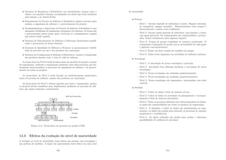 • Gerência de Requisitos à Estabelecer um entendimento comum entre o
cliente e os requisitos (desejos, necessidades) do cliente que serão atendidos
pela solução a ser desenvolvida;
• Planejamento de Projeto de Software à Estabelecer planos coerentes para
realizar a engenharia de software e o gerenciamento do projeto;
• Acompanhamento e Supervisão de Projeto de Software à Estabelecer uma
adequada visibilidade do andamento (progresso) do software, de forma que
o gerenciamento possa tomar ações corretivas se o planejamento original
não estiver sendo seguido;
• Gerência de Subcontratato de Software à Selecionar fornecedores qualiﬁ-
cados e gerenciá-los de forma eﬁciente;
• Garantia da Qualidade de Software à Fornecer ao gerenciamento visibili-
dade do processo em uso e dos produtos em construção;
• Gerência da Conﬁguração de Software à Estabelecer e manter a integridade
dos produtos durante todo o ciclo de vida do software.
As áreas-chave do Nı́vel 3 estão focadas tanto nas questões do projeto, quanto
da organização, conforme a organização estabelece uma infra-estrutura que efe-
tivamente institucionaliza os processos de engenharia de software e de gerenci-
amento de todos os projetos.
As áreas-chave do Nı́vel 4 estão focadas no estabelecimento quantitativo
tanto do processo de software, quanto dos produtos em construção.
As áreas-chave do Nı́vel 5 cobrem questões que tanto a organização, quanto
os projetos devem considerar para implementar melhorias no processo de soft-
ware que sejam contı́nuas e mensuráveis.
Figura 14.2: Áreas-chave de processo no modelo CMM
14.3 Efeitos da evolução do nı́vel de maturidade
A evolução no nı́vel de maturidade causa efeitos nas pessoas, nas tecnologias e
nas práticas de medidas. A seguir são apresentados esses efeitos em cada nı́vel
153
de maturidade.
• Pessoas
– Nı́vel 1: Sucesso depende de indivı́duos e heróis. Regime constante
de emergência (apagar incêndio). Relacionamento entre grupos é
descoordenado e muitas vezes conﬂitante;
– Nı́vel 2: Sucesso ainda depende de indivı́duos, mas passam a contar
com apoio gerencial. Os compromissos são compreendidos e gerenci-
ados. Existe treinamento para algumas funções;
– Nı́vel 3: Grupos de projeto trabalham de maneira coordenada. O
treinamento é planejado de acordo com as necessidades de cada papel
e aplicado convenientemente;
– Nı́vel 4: Existe um forte sentido de trabalho em equipe;
– Nı́vel 5: Todos estão engajados em atividades de melhoria contı́nua.
• Tecnologia
– Nı́vel 1: A introdução de novas tecnologias é arriscada;
– Nı́vel 2: Atividades bem deﬁnidas facilitam a introdução de novas
tecnologias;
– Nı́vel 3: Novas tecnologias são avaliadas qualitativamente;
– Nı́vel 4: Novas tecnologias são avaliadas quantitativamente;
– Nı́vel 5: Novas tecnologias são planejadas e introduzidas com total
controle.
• Medidas
– Nı́vel 1: Coleta de dados é feita de maneira ad hoc;
– Nı́vel 2: Coleta de dados de atividades de planejamento e acompan-
hamento é feita de maneira sistemática;
– Nı́vel 3: Todos os processos deﬁnidos têm coleta sistemática de dados,
os quais são compartilhados por todos os projetos da organização;
– Nı́vel 4: A deﬁnição e coleta de dados são padronizadas na orga-
nização e os dados são usados para entender os processos de maneira
quantitativa e estabilizá-los;
– Nı́vel 5: Os dados coletados são usados para avaliar e selecionar
possibilidades de melhoria de processos.
154
 