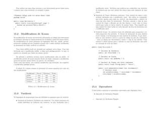 Para indicar que uma classe pertence a um determinado pacote basta inciar
o arquivo java como mostrado no exemplo a seguir.
//Somente código pode vir antes dessa linha
package world;
public class HelloWorld {
public static void main(String[] args) {
System.out.println(Hello World);
}
}
15.2 Modiﬁcadores de Acesso
Os modiﬁcadores de acesso são keywords adicionadas ao código para determinar
se atributos, métodos ou classes poderam ser acessados a partir de outras classes.
Os modiﬁcadores de acesso presentes na linguagem Java são: public, private,
protected e package-private (implı́cito quando não é usado nenhum modiﬁcador
na declaração da classe, atributo ou método).
Uma classe pública pode ser acessada por qualquer outra classe. Caso seja
declarada sem o modiﬁcador public, a classe será package-private, ou seja, só
poderá ser acessada por classes do mesmo pacote.
Os métodos e atributos aceitam outros modiﬁcadores além do public. O
modiﬁcador private dá acesso somente dentro da classe, enquanto o modiﬁcador
protected permite acesso dentro do pacote e às subclasses.
Assim como nas classes, caso nenhum modiﬁcador seja declarado, ﬁca implı́cito
o modiﬁcador package-private.
A tabela 15.1 abaixo resumo as permições de acesso impostas por cada um
dos modiﬁcadores:
Modiﬁcador Pacote Subclasse Todos
public sim sim sim
private não não não
protected sim sim não
nenhum sim não não
Tabela 15.1: Modiﬁcadores de Acesso
15.3 Variáveis
Na linguagem de programação Java são deﬁnidos os seguintes tipos de variáveis:
• Variáveis de Instância (Atributos não estáticos): Um objeto armazena seu
estado individual em atributos não estáticos, ou seja, declarados sem o
157
modiﬁcador static. Atributos não estáticos são conhecidos com variáveis
de instância por que seus valores são únicos para cada instância de uma
classe;
• Variáveis de Classe (Atributos estáticas): Uma variável de classe é todo
atributo declarado com o modiﬁcador static. Isso indica ao compilador
que existe apenas uma cópia da variável, não importando o número de
vezes que essa classe foi instanciada. Portanto, quando o valor de uma
variável de classe é alterada em um dos objetos, o novo valor se torna
visı́vel para todos os outros objetos da mesma classe. Para impedir que
uma variável de classe tenha seu valor alterado ela deve ser declarada com
o moﬁﬁcador ﬁnal.
• Variáveis Locais: As variáveis locais são utilizadas para armazenar o es-
tado temporário dos métodos. A sintaxe de declaração de uma variável
local é similar a de declaração de uma variável de instância. O que deter-
mina se uma variável é local é a parte do código em que ela é declarada
- entre as chaves que determinam o inı́cio e o ﬁm de um método. Uma
variável é visı́vel apenas para o método no qual foi declarada; não pode
ser acessada do resto da classe.
public class Bicicleta {
// Variável de Inst^
ancia
public int velocidade = 0;
// Variável de Classe
public static int qtdRodas = 2;
// Variável de Classe com valor constante
public static final String marca = Caloi;
public void aumentaVelocidade (int incremento){
// Variável Local
int novaVelocidade; = velocidade + incremento;
velocidade = novaVelocidade;
}
}
15.4 Operadores
A lista abaixo sumariza os operadores suportados pela linguagem Java:
• Operador de Atribuição Simples
= Operador de Atribuição Simples
158
 