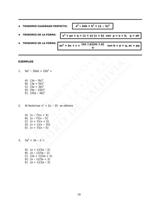 10
 TRINOMIO CUADRADO PERFECTO:
 TRINOMIO DE LA FORMA:
 TRINOMIO DE LA FORMA:
EJEMPLOS
1. 9a2
– 30ab + 25b2
=
A) (3a – 5b)2
B) (3a + 5b)2
C) (5a + 3b)2
D) (9a – 25b)2
E) (25a – 9b)2
2. Al factorizar x2
+ 2x – 35 se obtiene
A) (x – 7)(x + 5)
B) (x – 7)(x – 5)
C) (x + 7)(x + 5)
D) (x + 1)(x – 35)
E) (x + 7)(x – 5)
3. 5a2
+ 3a – 2 =
A) (a + 1)(5a – 2)
B) (a – 1)(5a – 2)
C) (2a + 1)(5a + 2)
D) (a – 1)(5a + 3)
E) (a + 1)(5a – 3)
a2
 2ab + b2
= (a  b)2
x2
+ px + q = (x + a) (x + b) con p = a + b, q = ab
ax2
+ bx + c =
(ax + p)(ax + q)
a
con b = p + q, ac = pq
 