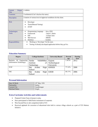 Current Project
Title
CARMA
Customer Confidential (Can’t disclose the name)
Description Creation of various level of approval workflows for the client.
Role • Developer
• Tester(Manual Testing)
• JUNIT
Technologies /
Tools
• Programming Language : Java, J2EE
• Framework : Sturts 2 ,Ibatis
• IDE : Eclipse Juno
• Web Servers : JBOSS
• Database : teradata
Responsibilities • Working as ‘Developer’ for the team.
• Testing of already developed application before they go live.
Education Summary
Degree College/Institute University/Board Percent
age
Passing
Year
Bachelor Of Engineering
(Information Technology)
Sardar Vallabhbhai
Institute of
Technology
Gujarat
Technological
Univercity
7.36/10 2012
H.SC Bai Avabai High
School
GHSEB 77.14% 2008
SSC Bai Avabai High
School
GSEB 88.17% 2006
Personal Information
Date Of Birth 29th
May 1991
Nationality Indian
Current City Gandhinagar
Maritiaal Status Single
Extra Curricular Activities and Achievements
• Prepared Cricket Team of project to play.
• Have participated in TableTennis tournament of corporate.
• Won Second Prize in skit competition held in TCS
• Received applauds for execution of educational skits held in various village schools as a part of TCS Maitree
Initiative
 
