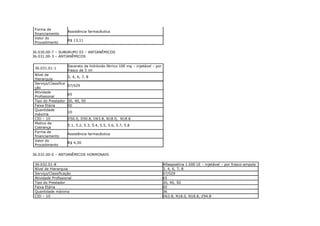 Forma de
                      Assistência farmacêutica
 financiamento
 Valor do
                      R$ 13,11
 Procedimento

36.030.00-7 – SUBGRUPO 03 – ANTIANÊMICOS
36.031.00-3 – ANTIANÊMICOS

                      Sacarato de hidróxido férrico 100 mg – injetável – por
 36.031.01-1
                      frasco de 5 ml
 Nível de
                      3, 4, 6, 7, 8
 Hierarquia
 Serviço/Classifica
                      07/029
 ção
 Atividade
                      65
 Profissional
 Tipo do Prestador    30, 40, 50
 Faixa Etária         00
 Quantidade
                      10
 máxima
 CID – 10             D50.0, D50.8, D63.8, N18.0, N18.8
 Motivo de
                      5.1, 5.2, 5.3, 5.4, 5.5, 5.6, 5.7, 5.8
 Cobrança
 Forma de
                      Assistência farmacêutica
 financiamento
 Valor do
                      R$ 4,30
 Procedimento

36.032.00-0 – ANTIANÊMICOS HORMONAIS

 36.032.01-8                                                                   Alfaepoetina 1.000 UI – injetável – por frasco-ampola
 Nível de Hierarquia                                                           3, 4, 6, 7, 8
 Serviço/Classificação                                                         07/029
 Atividade Profissional                                                        65
 Tipo do Prestador                                                             30, 40, 50
 Faixa Etária                                                                  00
 Quantidade máxima                                                             36
 CID – 10                                                                      D63.8, N18.0, N18.8, Z94.8
 