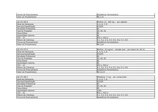 Forma de financiamento   Assistência Farmacêutica
Valor do Procedimento    R$ 1,31

36.151.06-8              Morfina LC 100 mg – por cápsula
Nível de Hierarquia      3, 4, 6, 7, 8
Serviço/Classificação    07/029
Atividade Profissional   65
Tipo do Prestador        30, 40, 50
Faixa Etária             00
Quantidade máxima        60
CID – 10                 R52.1, R52.2
Motivo de Cobrança       5.1, 5.2, 5.3, 5.4, 5.5, 5.6, 5.7, 5.8
Forma de financiamento   Assistência Farmacêutica
Valor do Procedimento    R$ 1,63

36.151.07-6              Morfina 10 mg/ml – solução oral – por frasco de 60 ml
Nível de Hierarquia      3, 4, 6, 7, 8
Serviço/Classificação    07/029
Atividade Profissional   65
Tipo do Prestador        30, 40, 50
Faixa Etária             00
Quantidade máxima        60
CID – 10                 R52.1, R52.2
Motivo de Cobrança       5.1, 5.2, 5.3, 5.4, 5.5, 5.6, 5.7, 5.8
Forma de financiamento   Assistência Farmacêutica
Valor do Procedimento    R$ 12,14

36.151.08-4              Metadona 5 mg – por comprimido
Nível de Hierarquia      3, 4, 6, 7, 8
Serviço/Classificação    07/029
Atividade Profissional   65
Tipo do Prestador        30, 40, 50
Faixa Etária             00
Quantidade máxima        1200
CID – 10                 R52.1, R52.2
Motivo de Cobrança       5.1, 5.2, 5.3, 5.4, 5.5, 5.6, 5.7, 5.8
Forma de financiamento   Assistência Farmacêutica
 
