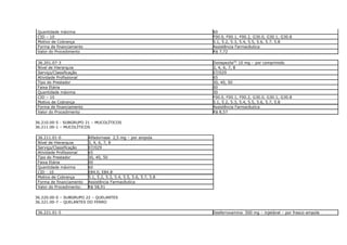 Quantidade máxima                                                 60
 CID – 10                                                          F00.0, F00.1, F00.2, G30.0, G30.1, G30.8
 Motivo de Cobrança                                                5.1, 5.2, 5.3, 5.4, 5.5, 5.6, 5.7, 5.8
 Forma de financiamento                                            Assistência Farmacêutica
 Valor do Procedimento                                             R$ 7,72

 36.201.07-3                                                       Donepezila(N) 10 mg – por comprimido
 Nível de Hierarquia                                               3, 4, 6, 7, 8
 Serviço/Classificação                                             07/029
 Atividade Profissional                                            65
 Tipo do Prestador                                                 30, 40, 50
 Faixa Etária                                                      00
 Quantidade máxima                                                 30
 CID – 10                                                          F00.0, F00.1, F00.2, G30.0, G30.1, G30.8
 Motivo de Cobrança                                                5.1, 5.2, 5.3, 5.4, 5.5, 5.6, 5.7, 5.8
 Forma de financiamento                                            Assistência Farmacêutica
 Valor do Procedimento                                             R$ 8,57

36.210.00-5 - SUBGRUPO 21 – MUCOLÍTICOS
36.211.00-1 – MUCOLÍTICOS

 36.211.01-0              Alfadornase 2,5 mg – por ampola
 Nível de Hierarquia      3, 4, 6, 7, 8
 Serviço/Classificação    07/029
 Atividade Profissional   65
 Tipo do Prestador        30, 40, 50
 Faixa Etária             00
 Quantidade máxima        60
 CID - 10                 E84.0, E84.8
 Motivo de Cobrança       5.1, 5.2, 5.3, 5.4, 5.5, 5.6, 5.7, 5.8
 Forma de financiamento   Assistência Farmacêutica
 Valor do Procedimento:   R$ 58,91

36.220.00-0 – SUBGRUPO 22 – QUELANTES
36.221.00-7 – QUELANTES DO FERRO

 36.221.01-5                                                       Desferroxamina 500 mg – injetável – por frasco-ampola
 