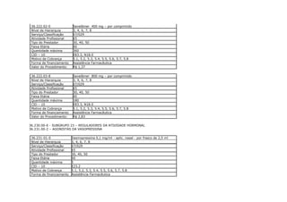 36.222.02-0              Sevelâmer 400 mg – por comprimido
 Nível de Hierarquia      3, 4, 6, 7, 8
 Serviço/Classificação    07/029
 Atividade Profissional   65
 Tipo do Prestador        30, 40, 50
 Faixa Etária             00
 Quantidade máxima        360
 CID – 10                 E83.3, N18.0
 Motivo de Cobrança       5.1, 5.2, 5.3, 5.4, 5.5, 5.6, 5.7, 5.8
 Forma de financiamento   Assistência Farmacêutica
 Valor do Procedimento:   R$ 1,37

 36.222.03-8              Sevelâmer 800 mg – por comprimido
 Nível de Hierarquia      3, 4, 6, 7, 8
 Serviço/Classificação    07/029
 Atividade Profissional   65
 Tipo do Prestador        30, 40, 50
 Faixa Etária             00
 Quantidade máxima        180
 CID – 10                 E83.3, N18.0
 Motivo de Cobrança       5.1, 5.2, 5.3, 5.4, 5.5, 5.6, 5.7, 5.8
 Forma de financiamento   Assistência Farmacêutica
 Valor do Procedimento:   R$ 2,83

36.230.00-6 - SUBGRUPO 23 – REGULADORES DA ATIVIDADE HORMONAL
36.231.00-2 – AGONISTAS DA VASOPRESSINA

 36.231-01-0              Desmopressina 0,1 mg/ml - aplic. nasal - por frasco de 2,5 ml
 Nível de Hierarquia      3, 4, 6, 7, 8
 Serviço/Classificação    07/029
 Atividade Profissional   65
 Tipo do Prestador        30, 40, 50
 Faixa Etária             00
 Quantidade máxima        5
 CID – 10                 E23.2
 Motivo de Cobrança       5.1, 5.2, 5.3, 5.4, 5.5, 5.6, 5.7, 5.8
 Forma de financiamento   Assistência Farmacêutica
 