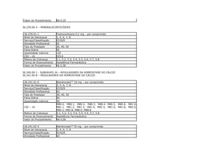 Valor do Procedimento    R$ 0,20

36.239.00-3 – MINERALOCORTICÓIDES

 36.239.01-1              Fludrocortisona 0,1 mg – por comprimido
 Nível de Hierarquia      3, 4, 6, 7, 8
 Serviço/Classificação    07/029
 Atividade Profissional   65
 Tipo do Prestador        30, 40, 50
 Faixa Etária             00
 Quantidade máxima        120
 CID – 10                 E25.0
 Motivo de Cobrança       5.1, 5.2, 5.3, 5.4, 5.5, 5.6, 5.7, 5.8
 Forma de financiamento   Assistência Farmacêutica
 Valor do Procedimento    R$ 0,38

36.240.00-1 - SUBGRUPO 24 – REGULADORES DA HOMEOSTASE DO CÁLCIO
36.241.00-8 – REGULADORES DA HOMEOSTASE DO CÁLCIO

 36.241.01-6              Alendronato(Q) 10 mg – por comprimido
 Nível de Hierarquia      3, 4, 6, 7, 8
 Serviço/Classificação    07/029
 Atividade Profissional   65
 Tipo do Prestador        30, 40, 50
 Faixa Etária             00
 Quantidade máxima        30
                          M80.0, M80.1, M80.2, M80.3, M80.4 M80.5, M80.8, M81.0,
 CID – 10                 M81.1, M81.2, M81.3, M81.4, M81.5, M81.6, M81.8, M82.0,
                          M82.1, M82.8, M88.0, M88.8
 Motivo de Cobrança       5.1, 5.2, 5.3, 5.4, 5.5, 5.6, 5.7, 5.8
 Forma de financiamento   Assistência Farmacêutica
 Valor do Procedimento:   R$ 0,06

 36.241.02-4              Alendronato(Q) 70 mg – por comprimido
 Nível de Hierarquia      3, 4, 6, 7, 8
 Serviço/Classificação    07/029
 Atividade Profissional   65
 