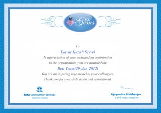 To
Elavar Kuzali Sevvel
In appreciation of your outstanding contribution
to the organisation, you are awarded the
Best Team(29-Jun-2012)
You are an inspiring role model to your colleagues.
Thank you for your dedication and commitment.
 