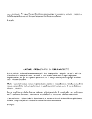 Após desenhada a Árvore de Causas, identificam-se as mudanças necessárias no ambiente / processo de
trabalho, que podem prevenir doenças / acidentes / incidentes semelhantes.

Exemplo:




                      ANEXO III – METODOLOGIA DA ESPINHA DE PEIXE

Para se utilizar a metodologia da espinha de peixe deve ser respondida a pergunta Por que? a partir da
conseqüência da doença / acidente / incidente. A cada resposta obtida deve-se repetir a pergunta,
seqüencialmente, até que não seja mais possível ou não se consiga mais responder o porque da última
causa constante da cadeia.

Muitas vezes se abrem duas ou mais respostas à conseqüência ou para cada causa avaliada, assim, abrem-
se duas ou mais linhas explicativas, formando-se a cadeia explicativa, ou a árvore de causas da doença /
acidente / incidente.

Para se simplificar o trabalho do grupo podem ser utilizados métodos de visualização, escrevendo-se em
cartões, cada uma das causas e montando-se um painel onde o grupo possa trabalhar em conjunto.

Após desenhada a Espinha de Peixe, identificam-se as mudanças necessárias no ambiente / processo de
trabalho, que podem prevenir doenças / acidentes / incidentes semelhantes.

Exemplo:
 