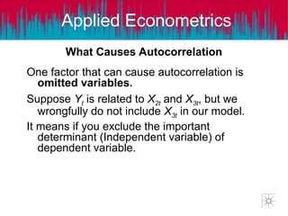 Applied Econometrics
One factor that can cause autocorrelation is
omitted variables.
Suppose Yt is related to X2t and X3t, but we
wrongfully do not include X3t in our model.
It means if you exclude the important
determinant (Independent variable) of
dependent variable.
What Causes Autocorrelation
 
