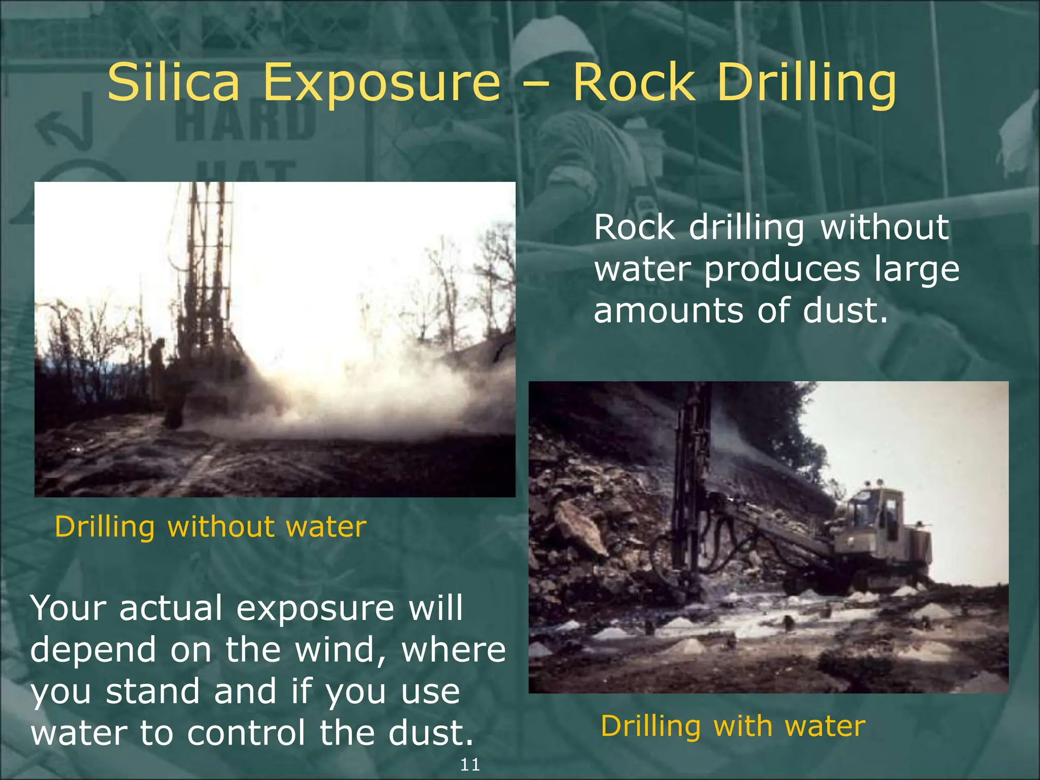 Silica Exposure – Rock Drilling
Rock drilling without
water produces large
amounts of dust.
Your actual exposure will
depend on the wind, where
you stand and if you use
water to control the dust.
11
Drilling without water
Drilling with water
 