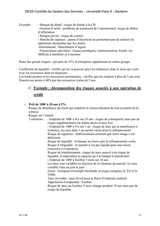 DESS Contrôle de Gestion des Services – Université Paris X - Nanterre



Exemple :       - Banque de détail : risque de fraude à la CB
                - Gestion d’actifs : problème de traitement de l’opérationnel, risque de défaut
                d’affectation
                - Banque privée : risque de conseil
                - Marché de capitaux : panne d’électricité ne permettant pas de réaliser les
                opérations demandées par les clients
                -International : blanchiment d’argent
                - Financement spécialisé : risques juridiques, communication, fraude, etc.
                Difficile à identifier et à mesurer

Ratio des grands risques : pas plus de 15% d’entreprises appartenant au même groupe.

Coefficient de liquidité : vérifier qu’on va pouvoir payé les échéances dans le mois qui vient
avec les ressources dont on disposera.
Les fonds propres et les ressources permanentes : vérifier que les emplois à plus de 5 ans sont
financés au moins à 60% par des ressources à plus de 5 ans.

           C. Exemple : décomposition des risques associés à une opération de
             crédit

    o Prêt de 100€ à 10 ans à 5%
      Risque de défaillance du client qui empêche le renouvellement de tout ou partie de la
      créance.
      Risque sur l’intérêt
      3 solutions : - Emprunt de 100€ à 4% sur 10 ans : risque de contrepartie mais pas de
                     risque supplémentaire car même durée et taux fixe
                     - Emprunt de 100€ à 3% sur 1 an : risque de taux qui se manifestera à
                     échéance, les taux dans 1 an auront variés pour le refinancement.
                     Risque de signature : établissements estiment que notre image s’est
                     détériorée
                     Risque de liquidité : la banque ne trouve pas le refinancement voulu
                     Risque d’illiquidité : le marché n’est pas liquide pour une raison
                     extérieure à l’entreprise
                     Risque de transformation : risque de taux associé à un risque de
                     liquidité. Il matérialise la capacité qu’à la banque à transformer.
                     - Emprunt de 100€ à Euribor 3 mois sur 10 ans
                     Les taux sont variables en fonction de la situation du marché. Le taux
                     variable varie au jour le jour
                     Eonia : European Overnight Interbank Average (remplace le TJJ et le
                     T4M)
                     Taux révisable : taux révisé pour la durée d’emprunt souhaité
                     Appellation Européenne : Euribor.
                     Risque de taux car Euribor 3 mois change pendant 10 ans mais pas de
                     risque de liquidité.




09/12/06                                                                                          23
 